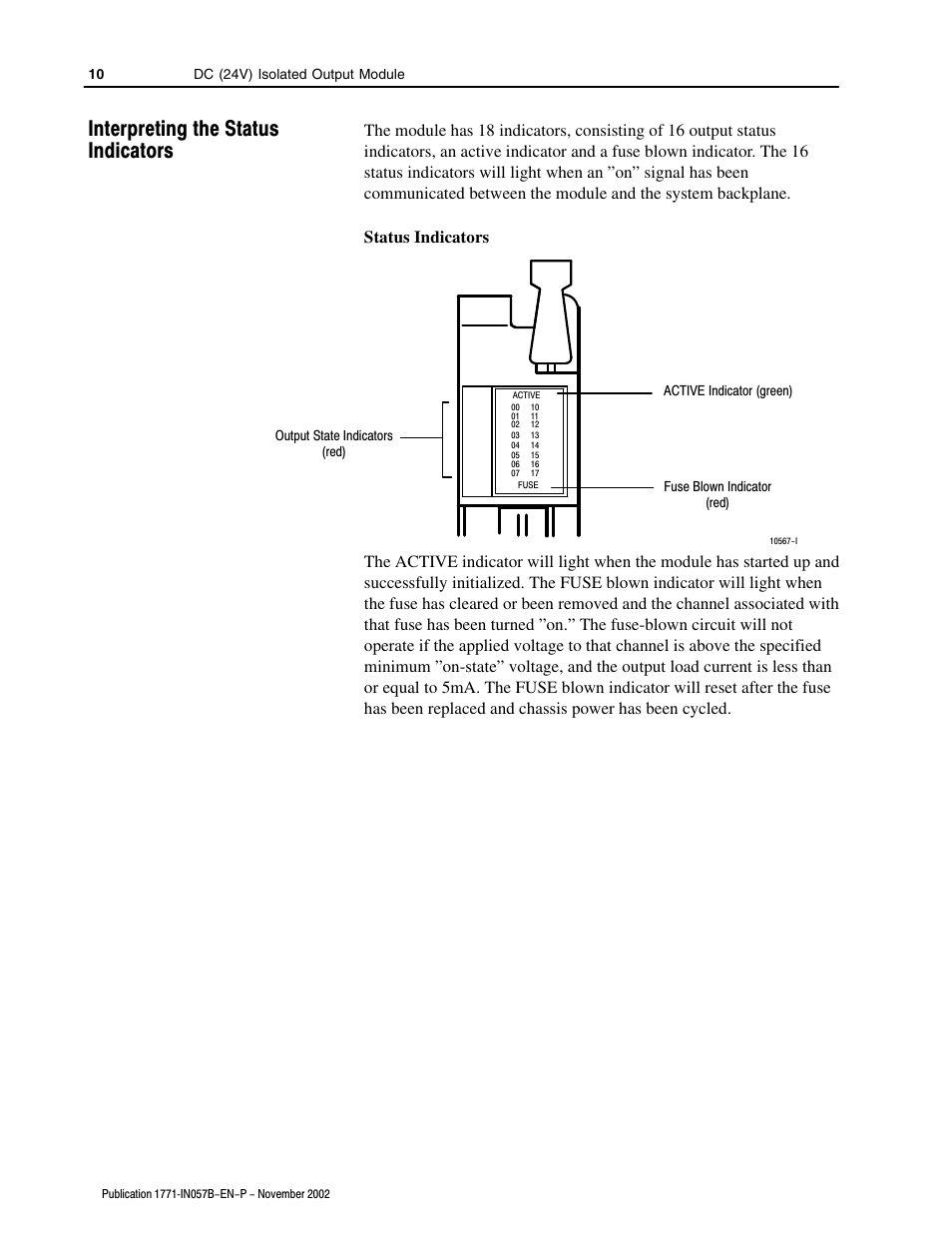 Interpreting the status indicators | Rockwell Automation 1771-OQ16/C Isolated Output Module Installation Instr User Manual | Page 10 / 16