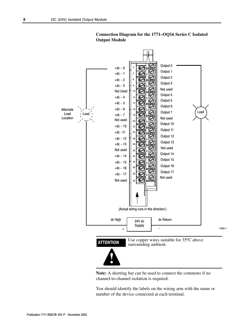 Attention use copper wires suitable for 35 | Rockwell Automation 1771-OQ16/C Isolated Output Module Installation Instr User Manual | Page 8 / 16