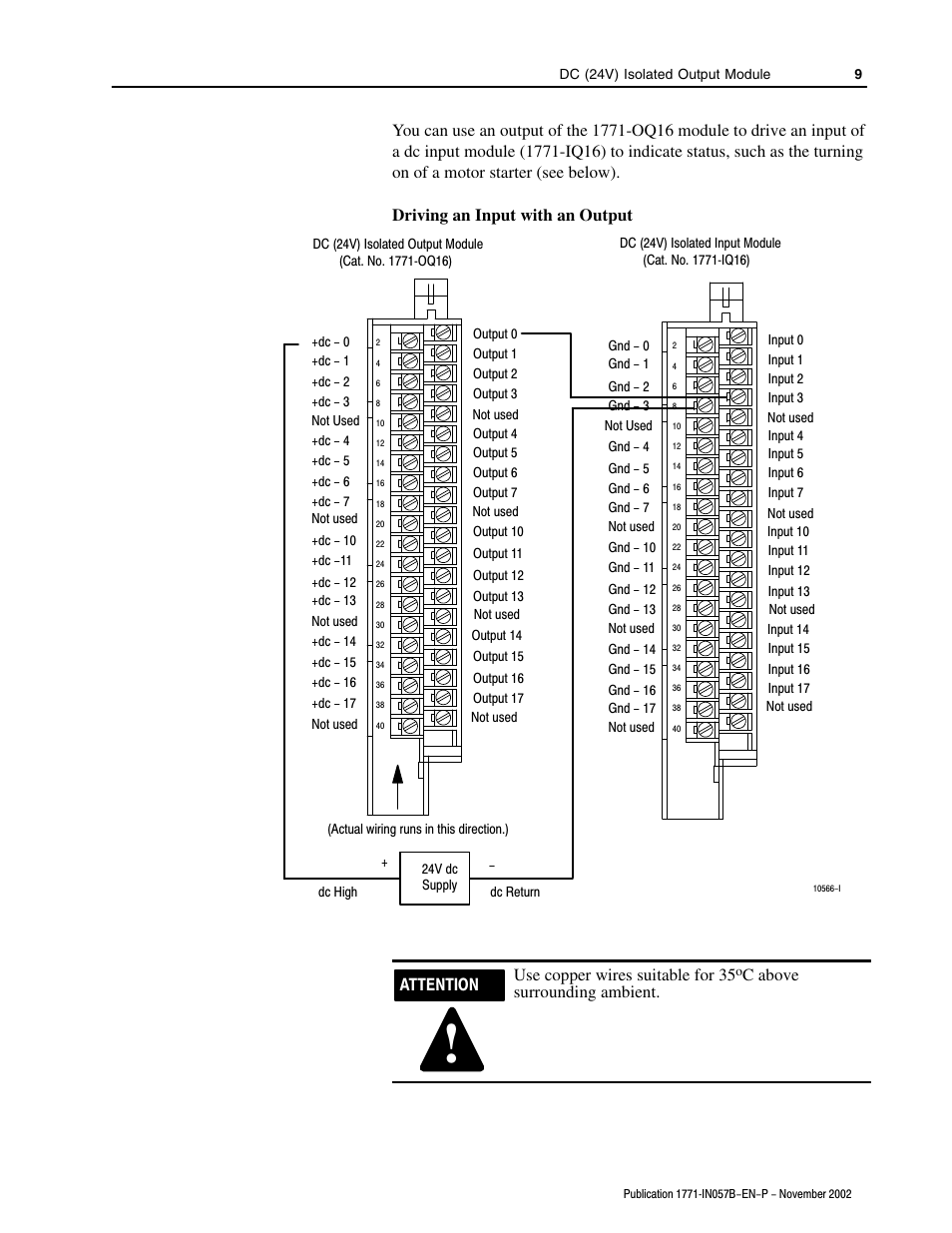 Attention use copper wires suitable for 35, C above surrounding ambient | Rockwell Automation 1771-OQ16/C Isolated Output Module Installation Instr User Manual | Page 9 / 16