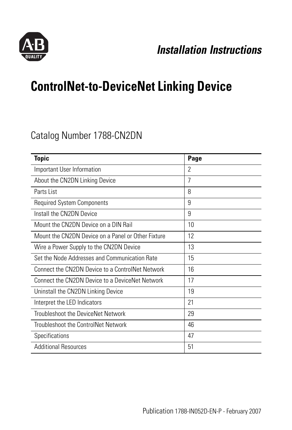Rockwell Automation 1788-CN2DN ControlNet-to-DeviceNet Linking Device Installation Instructions User Manual | 52 pages