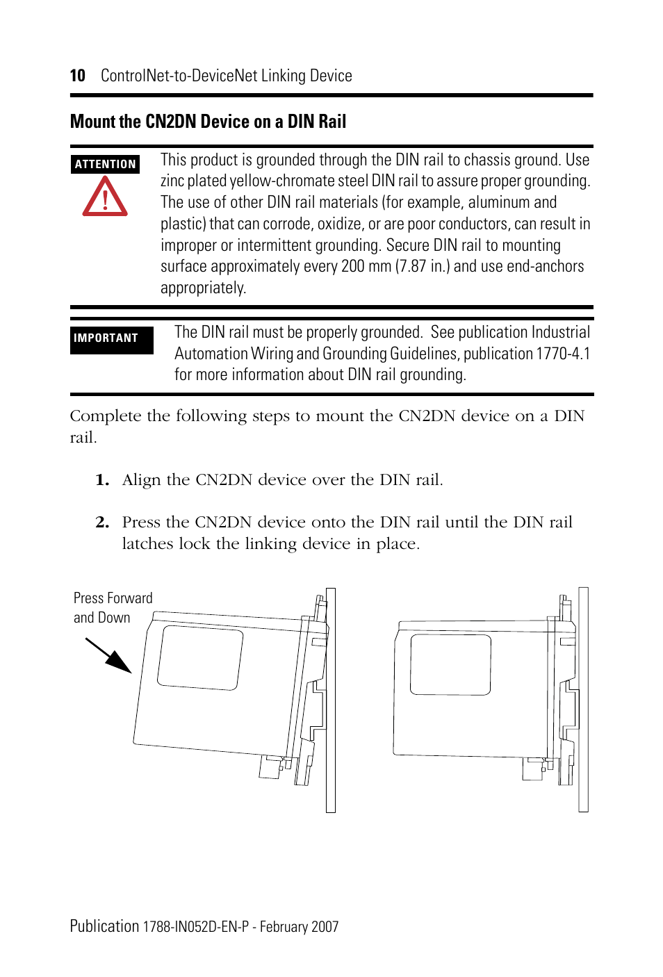 Mount the cn2dn device on a din rail | Rockwell Automation 1788-CN2DN ControlNet-to-DeviceNet Linking Device Installation Instructions User Manual | Page 10 / 52