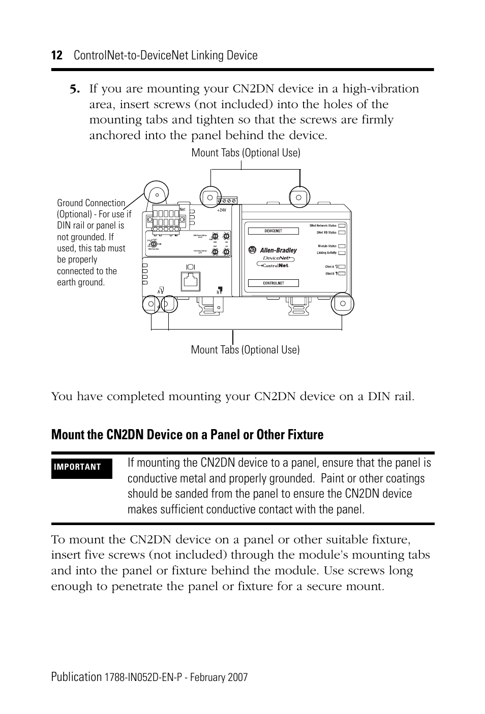 Mount the cn2dn device on a panel or other fixture | Rockwell Automation 1788-CN2DN ControlNet-to-DeviceNet Linking Device Installation Instructions User Manual | Page 12 / 52