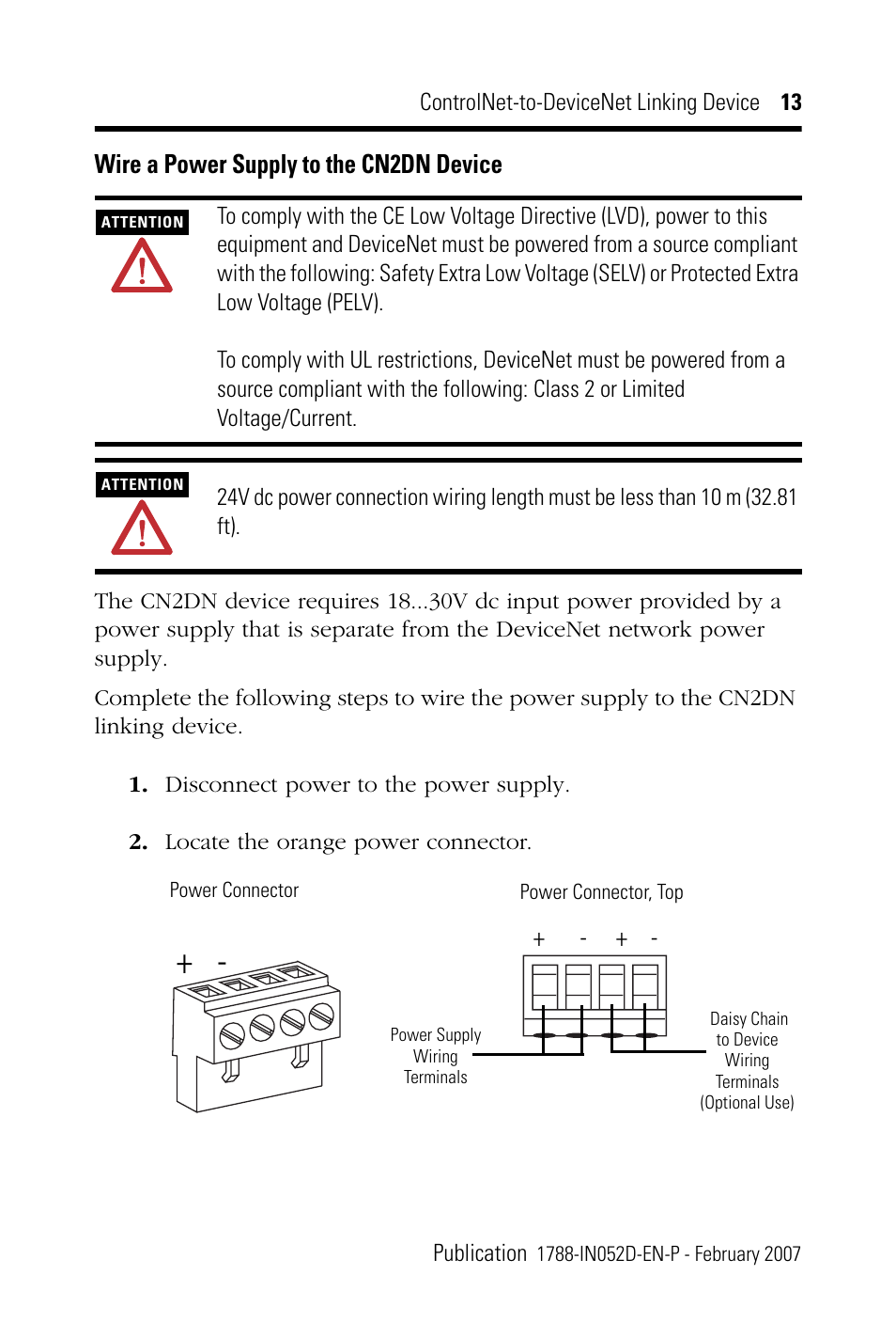 Wire a power supply to the cn2dn device | Rockwell Automation 1788-CN2DN ControlNet-to-DeviceNet Linking Device Installation Instructions User Manual | Page 13 / 52