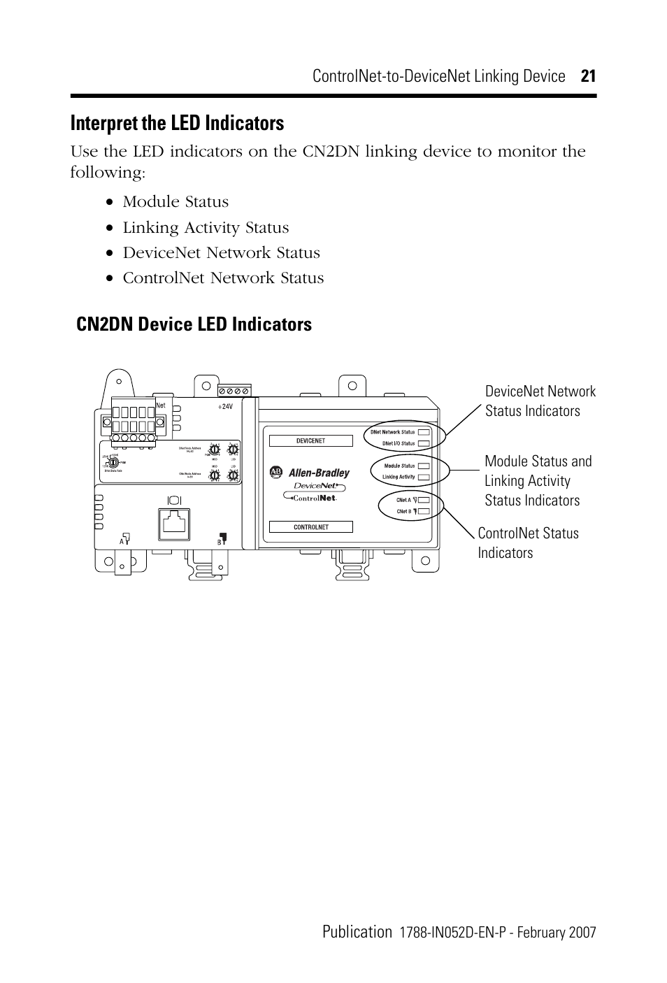 Interpret the led indicators, Interpret the led indicators on | Rockwell Automation 1788-CN2DN ControlNet-to-DeviceNet Linking Device Installation Instructions User Manual | Page 21 / 52