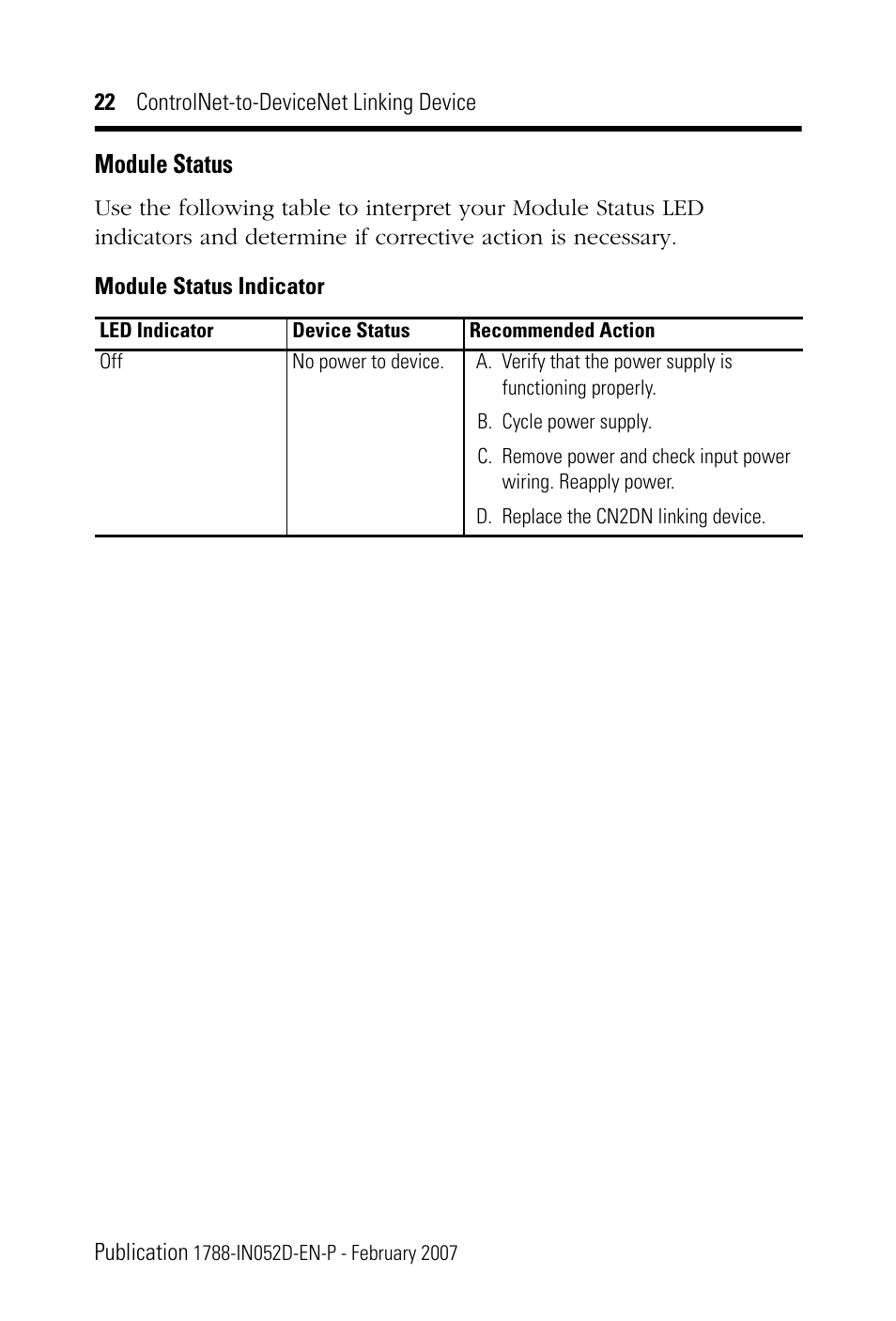 Module status | Rockwell Automation 1788-CN2DN ControlNet-to-DeviceNet Linking Device Installation Instructions User Manual | Page 22 / 52