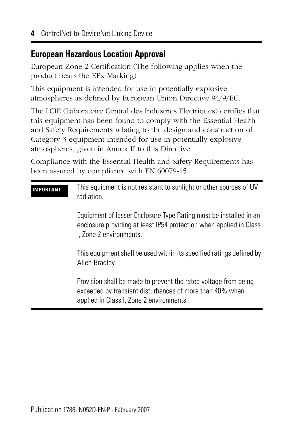 European hazardous location approval | Rockwell Automation 1788-CN2DN ControlNet-to-DeviceNet Linking Device Installation Instructions User Manual | Page 4 / 52