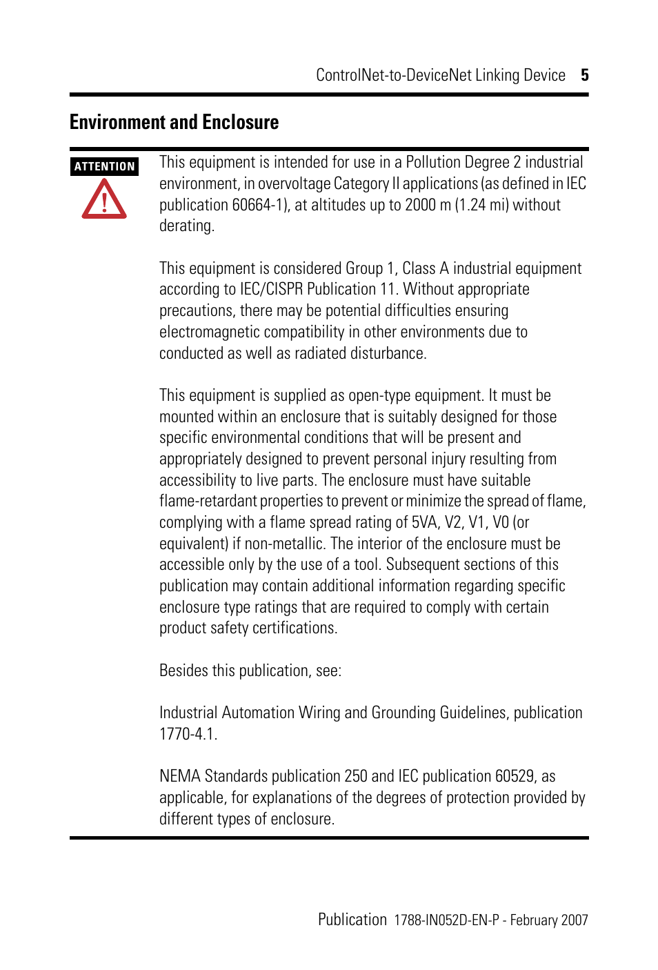 Environment and enclosure | Rockwell Automation 1788-CN2DN ControlNet-to-DeviceNet Linking Device Installation Instructions User Manual | Page 5 / 52