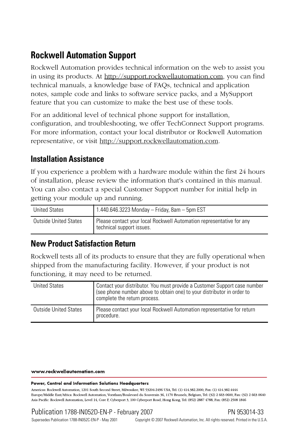 Backcover, support info, Rockwell automation support, Installation assistance | New product satisfaction return, Publication | Rockwell Automation 1788-CN2DN ControlNet-to-DeviceNet Linking Device Installation Instructions User Manual | Page 52 / 52