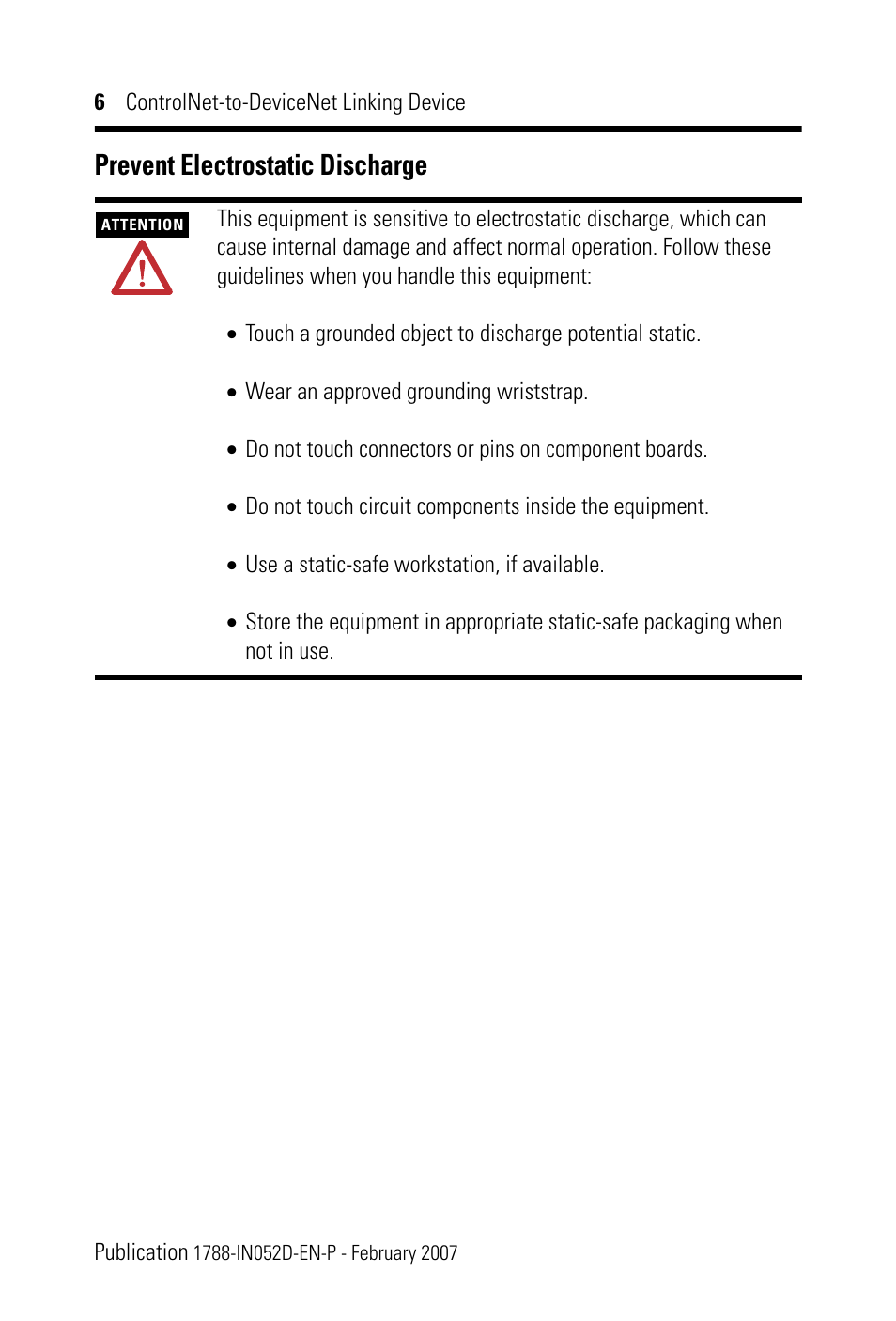 Prevent electrostatic discharge | Rockwell Automation 1788-CN2DN ControlNet-to-DeviceNet Linking Device Installation Instructions User Manual | Page 6 / 52