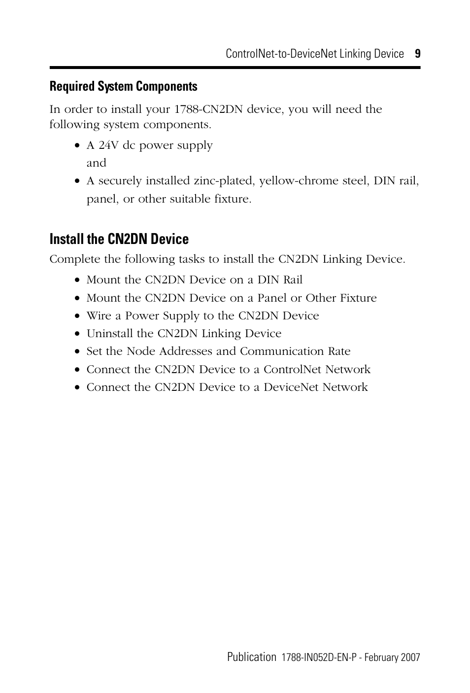 Required system components, Install the cn2dn device | Rockwell Automation 1788-CN2DN ControlNet-to-DeviceNet Linking Device Installation Instructions User Manual | Page 9 / 52