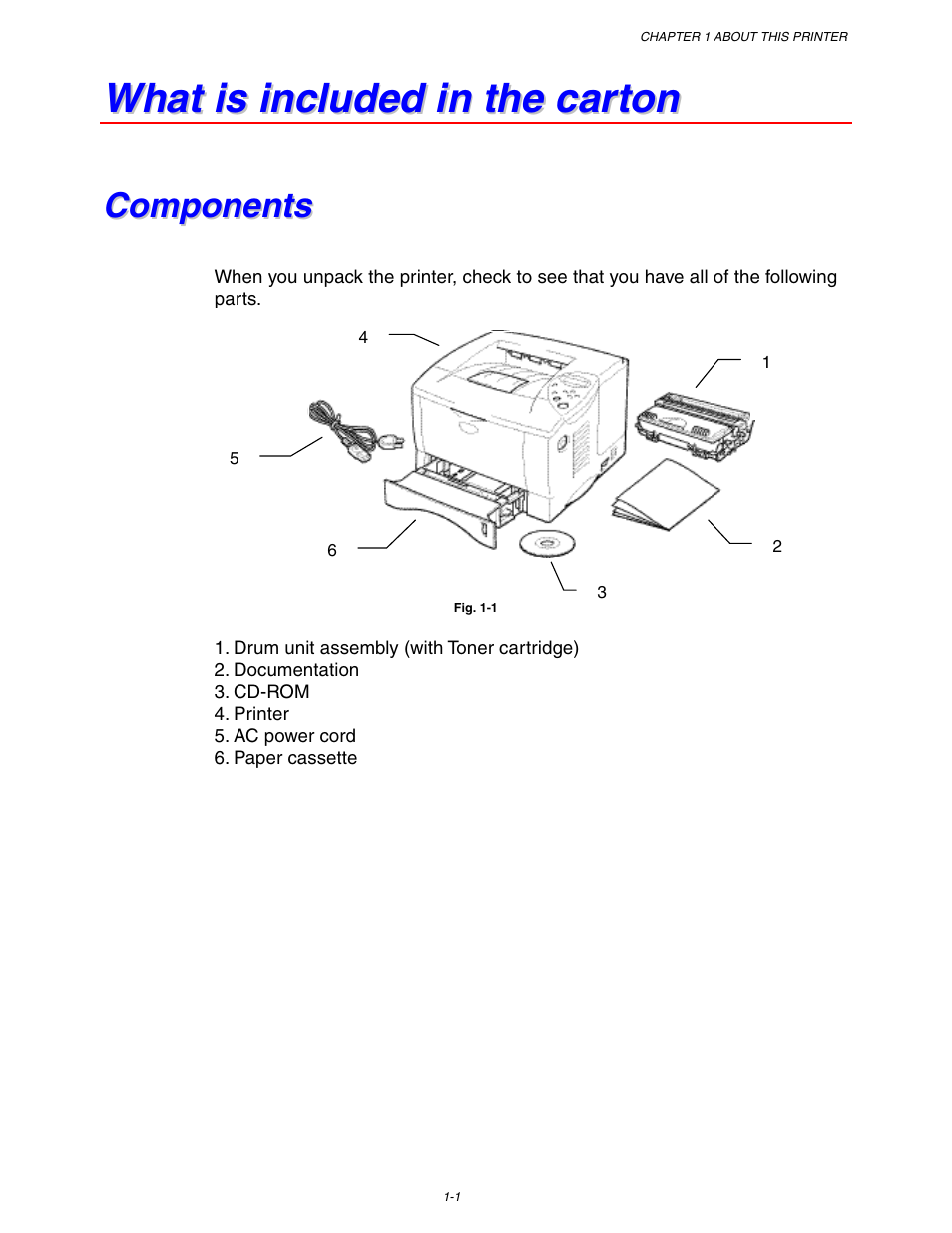 What is included in the carton, Components, Components -1 | Brother HL 1650 User Manual | Page 11 / 235