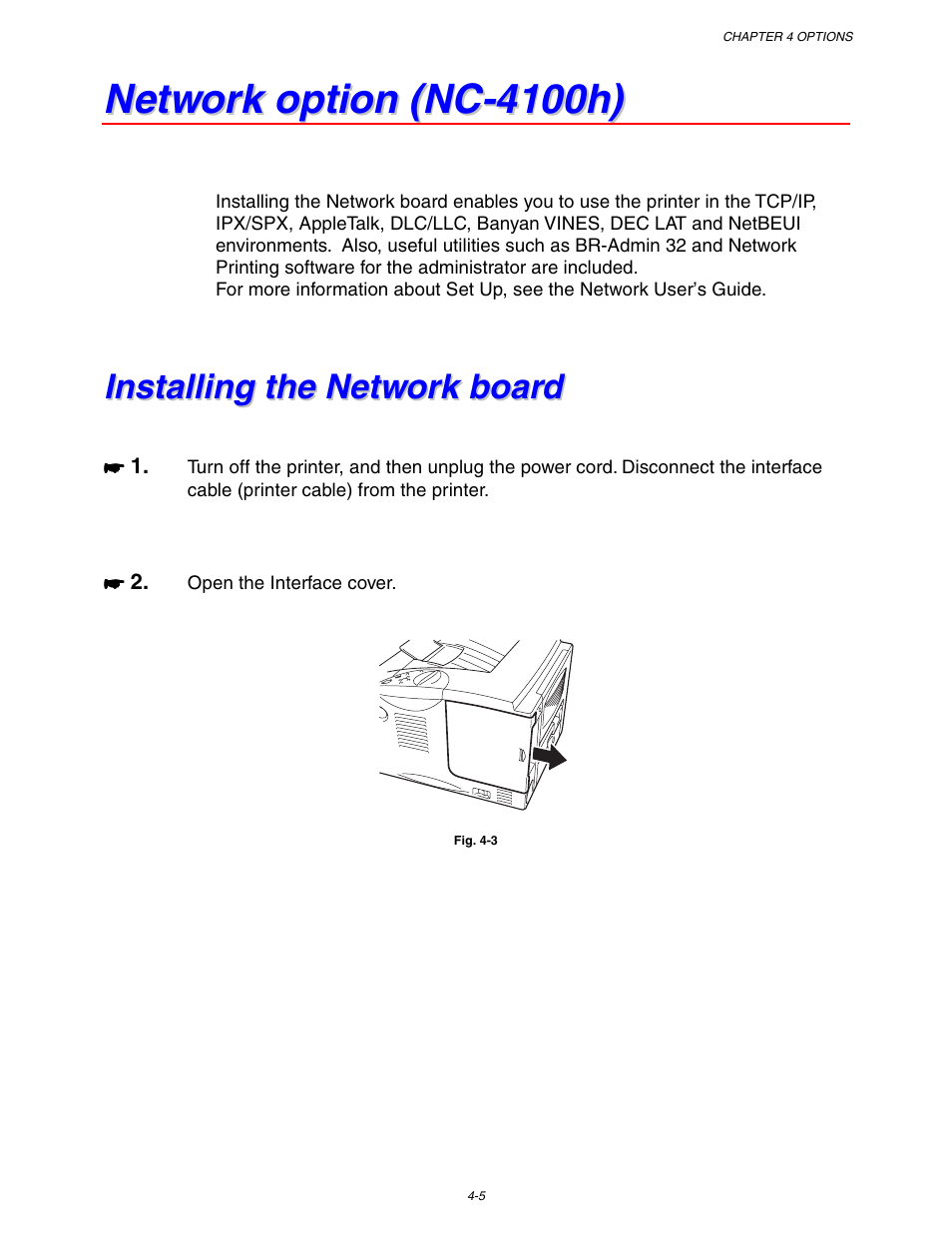 Network option (nc-4100h), Installing the network board, Installing the network board -5 | See network option, In this chapter | Brother HL 1650 User Manual | Page 126 / 235