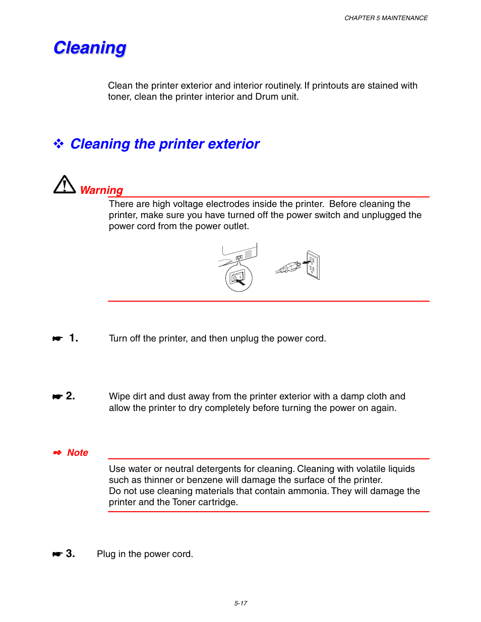 Cleaning, Cleaning -17, Cleaning the printer exterior | Brother HL 1650 User Manual | Page 157 / 235