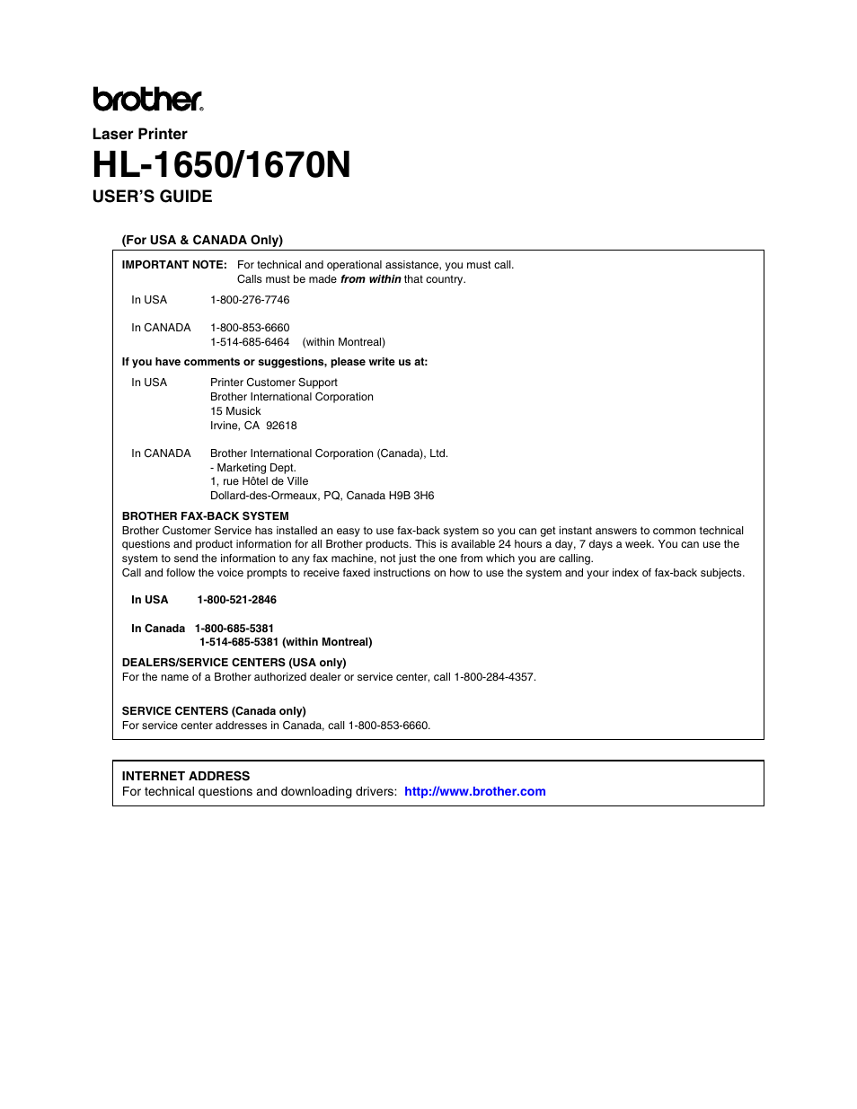 User’s guide | Brother HL 1650 User Manual | Page 2 / 235