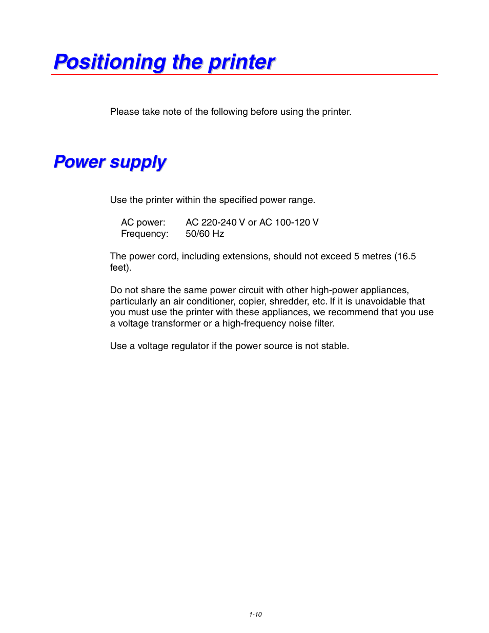 Positioning the printer, Power supply, Power supply -10 | Brother HL 1650 User Manual | Page 20 / 235