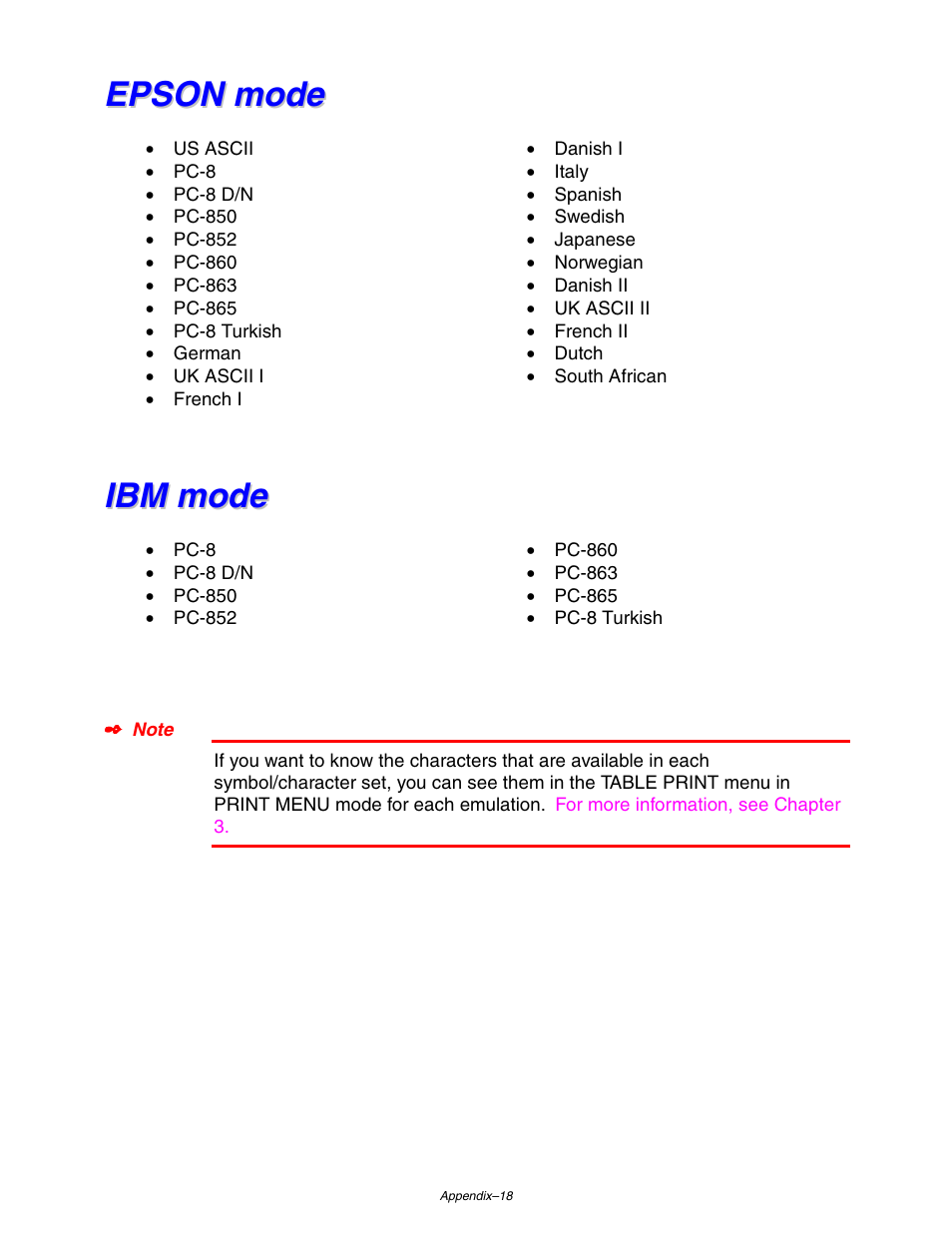 Epson mode, Ibm mode | Brother HL 1650 User Manual | Page 219 / 235