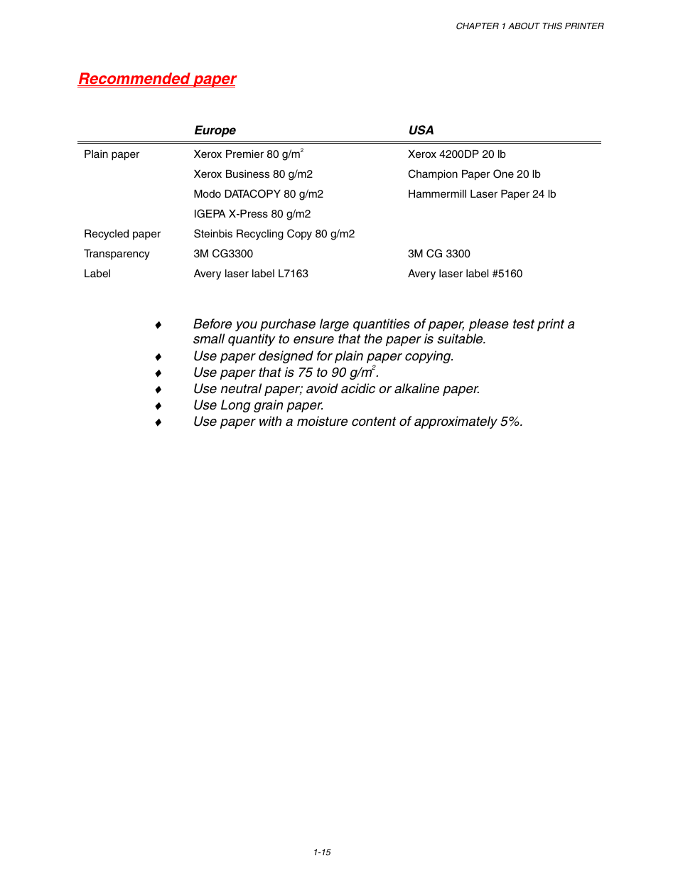 Recommended paper | Brother HL 1650 User Manual | Page 25 / 235