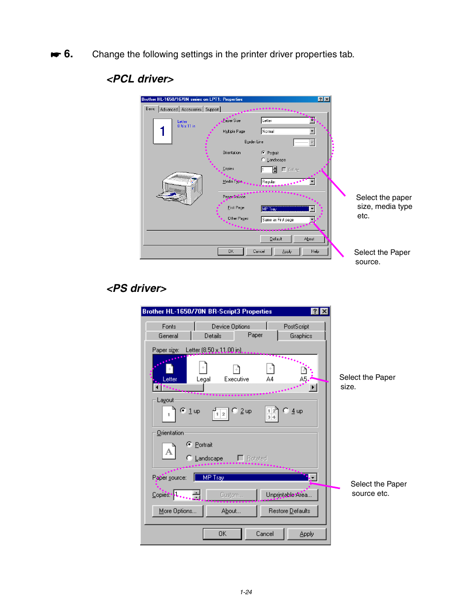 Pcl driver> <ps driver | Brother HL 1650 User Manual | Page 34 / 235