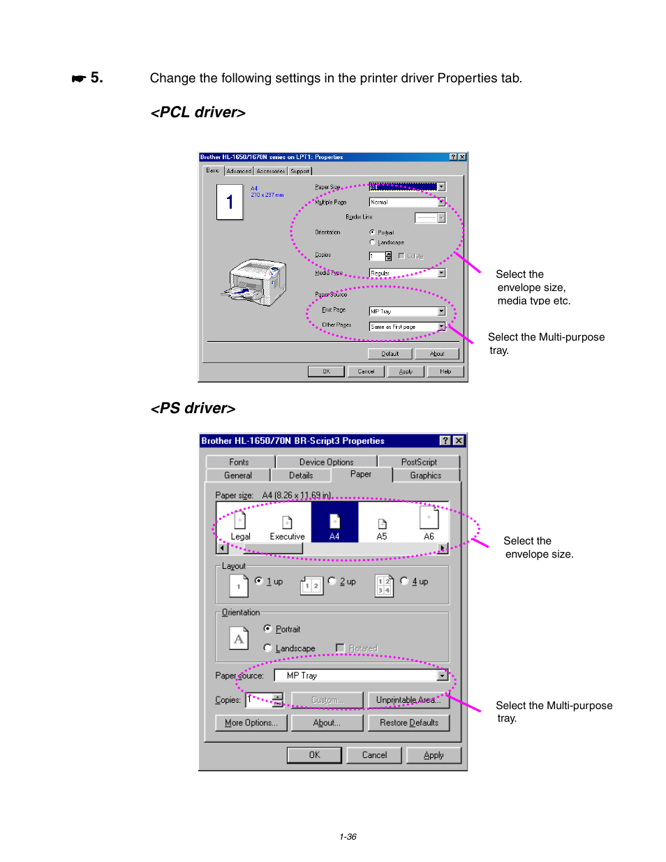 Pcl driver> <ps driver | Brother HL 1650 User Manual | Page 46 / 235