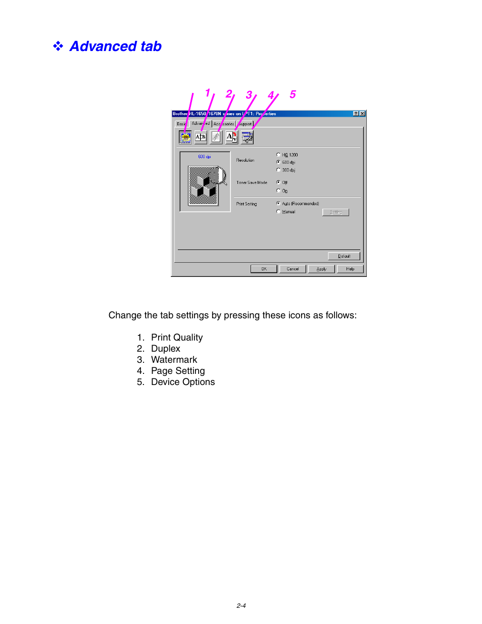 Advanced tab | Brother HL 1650 User Manual | Page 57 / 235