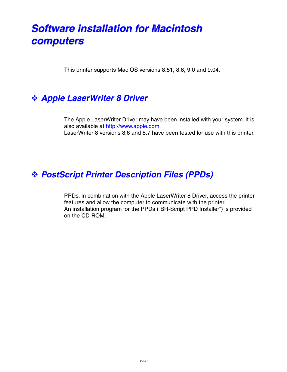 Software installation for macintosh computers, Software installation for macintosh computers -20 | Brother HL 1650 User Manual | Page 73 / 235