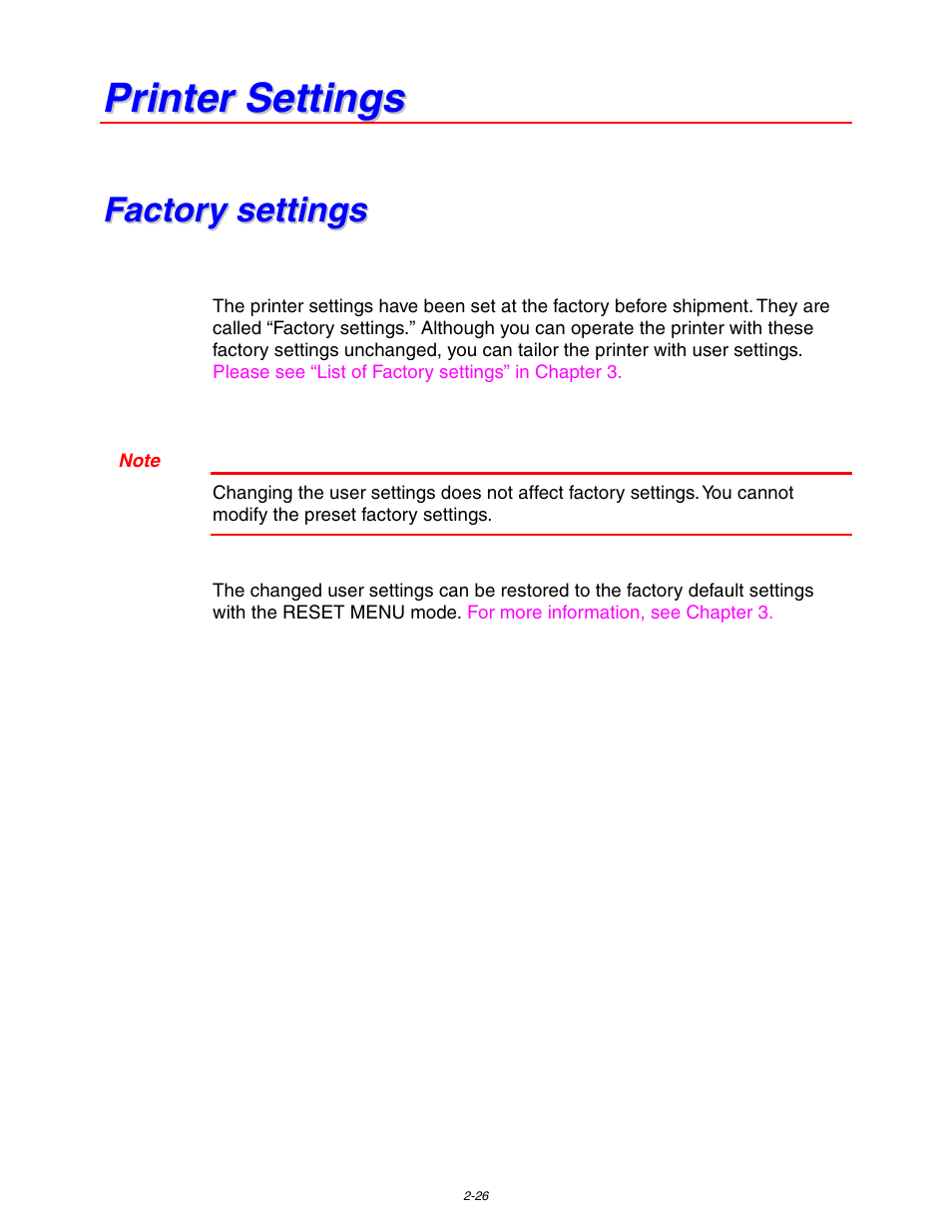 Printer settings, Factory settings, Factory settings -26 | Brother HL 1650 User Manual | Page 79 / 235