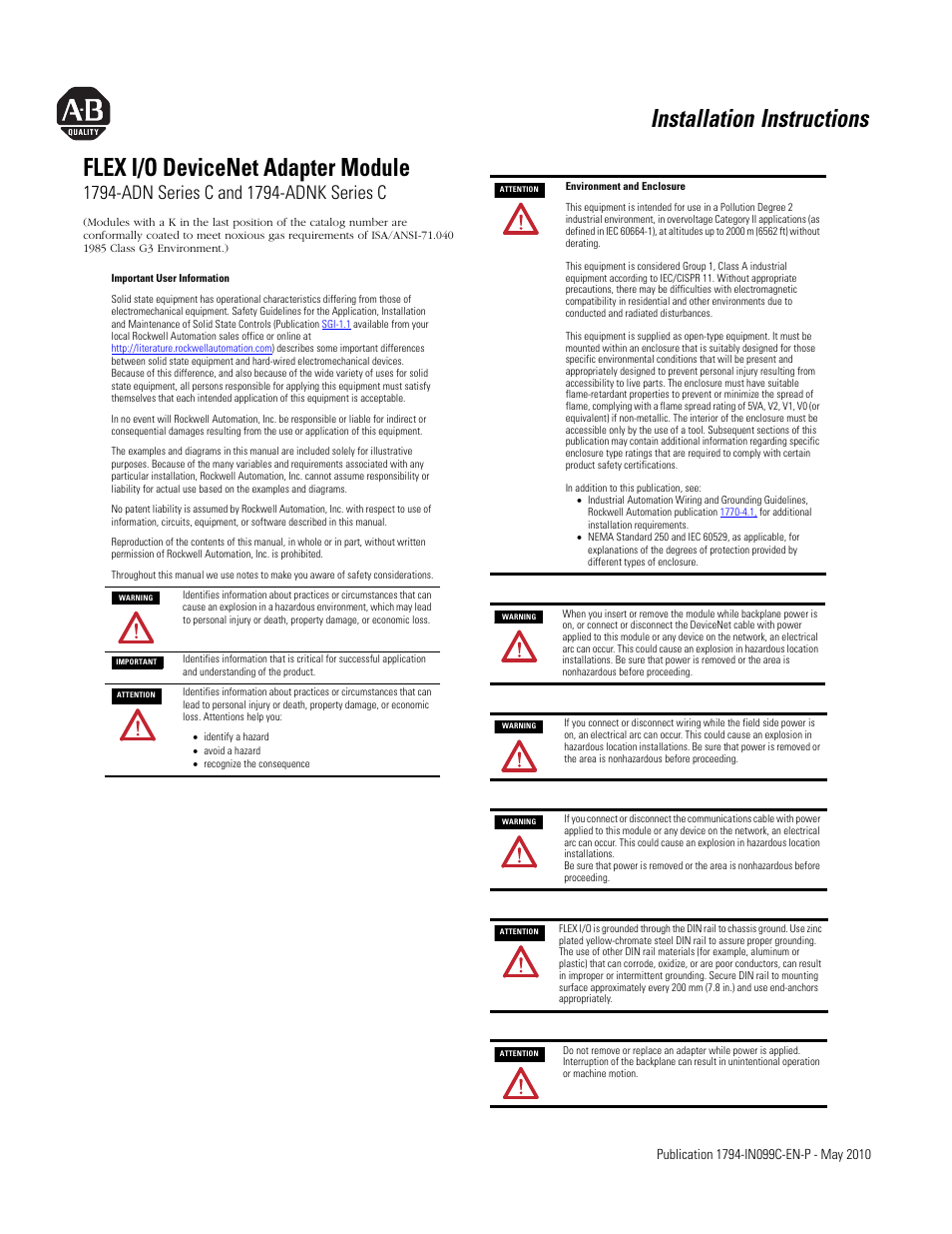 Rockwell Automation 1794-ADN/C, 1794-ADNK/C FLEX I/O DeviceNet Adapter Module Installation Instructions User Manual | 6 pages