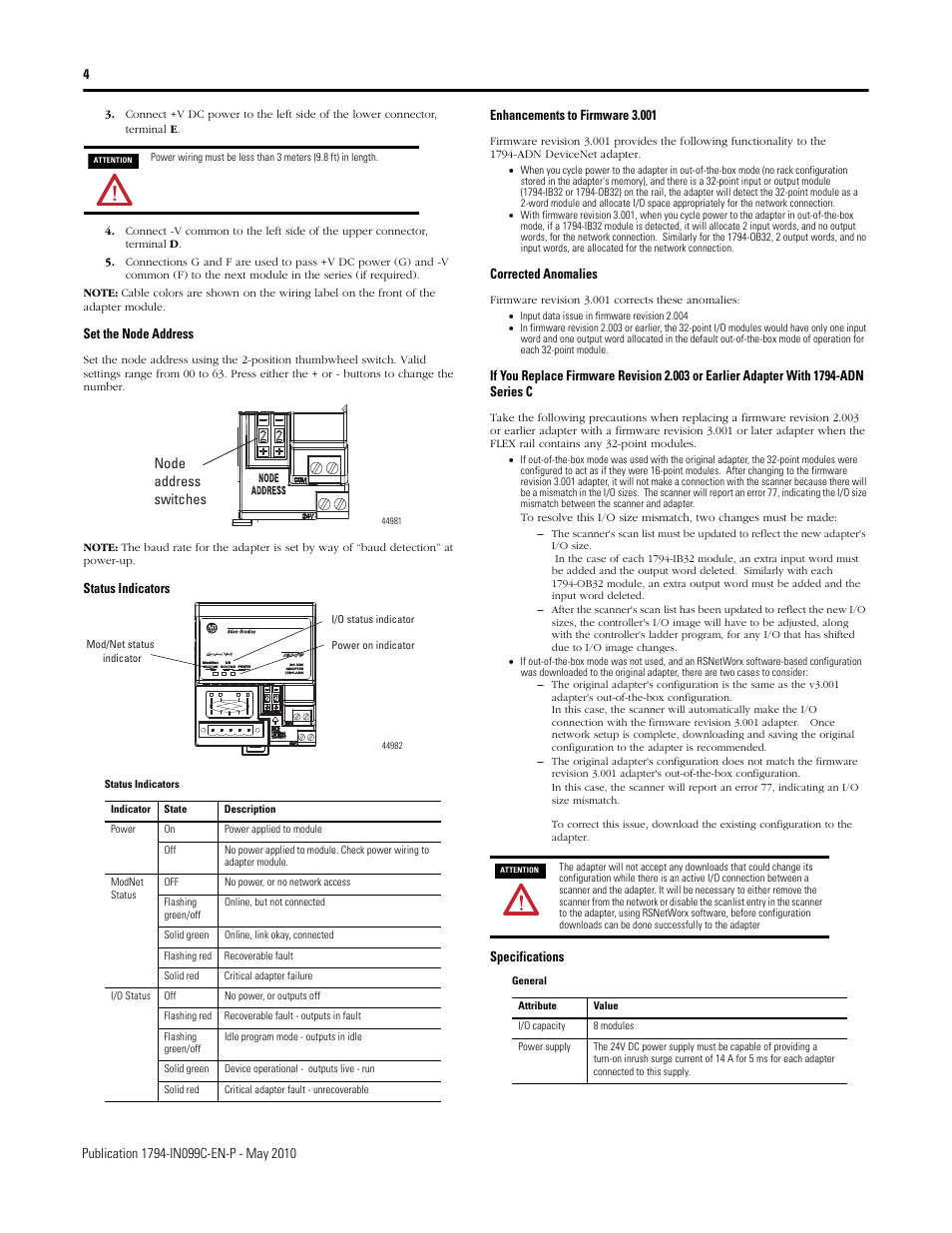 Set the node address, Status indicators, Enhancements to firmware 3.001 | Corrected anomalies, Specifications, Node address switches | Rockwell Automation 1794-ADN/C, 1794-ADNK/C FLEX I/O DeviceNet Adapter Module Installation Instructions User Manual | Page 4 / 6