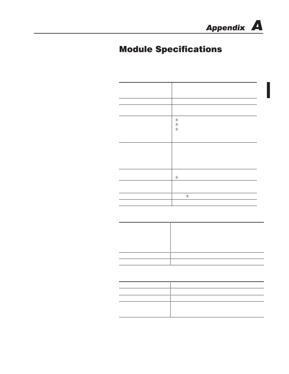 A - module specifications, Electrical specifications, Physical specifications | Environmental specifications, Module specifications, Appendix | Rockwell Automation 1746-QV,D17466.18 OPEN-LOOP VELOCITY CONTL User Manual | Page 27 / 35