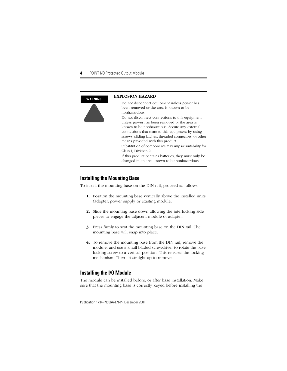 Installing the mounting base, Installing the i/o module | Rockwell Automation 1734-OB2EP Point I/O Protected Output Module Installation Instructions User Manual | Page 4 / 16
