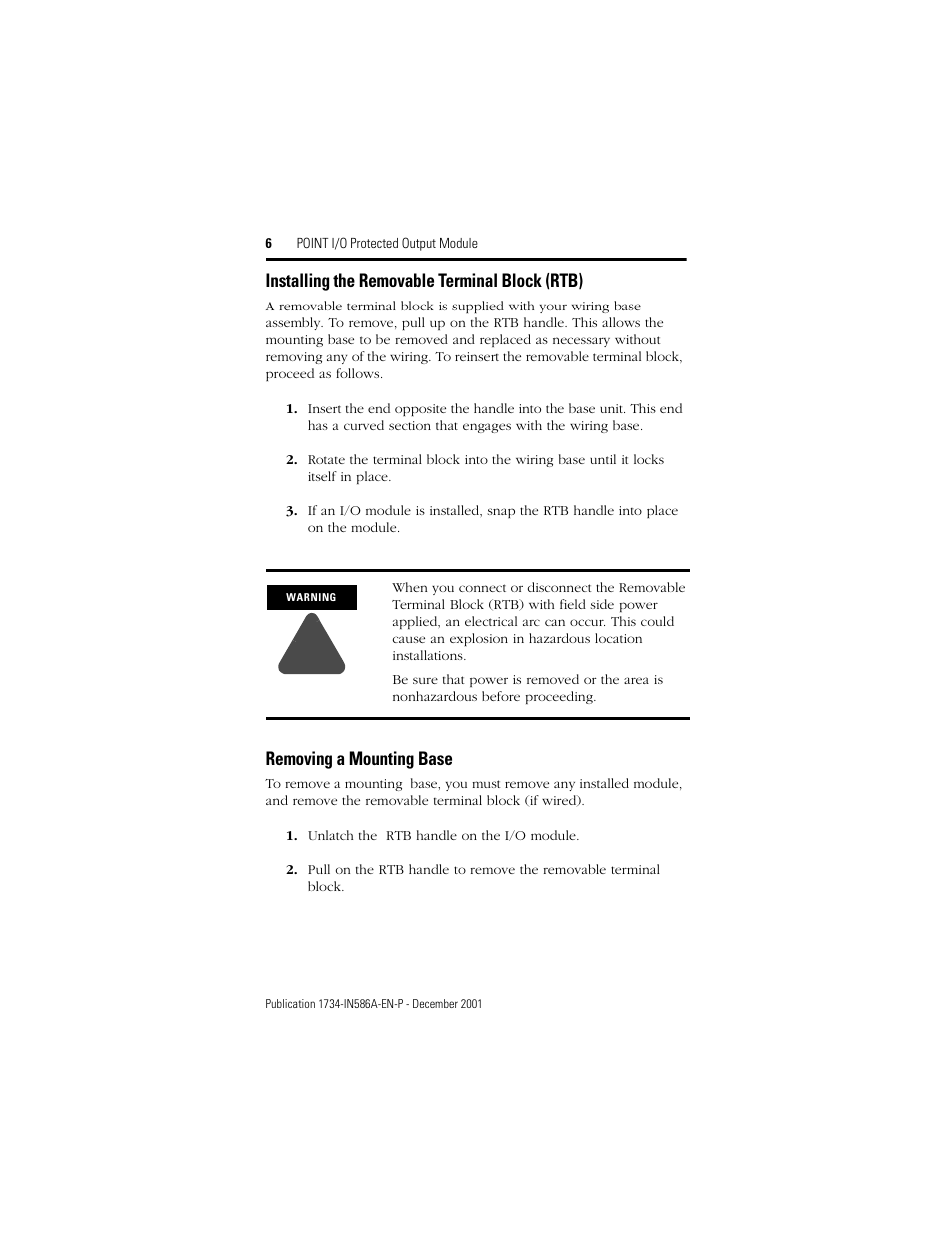 Installing the removable terminal block (rtb), Removing a mounting base | Rockwell Automation 1734-OB2EP Point I/O Protected Output Module Installation Instructions User Manual | Page 6 / 16