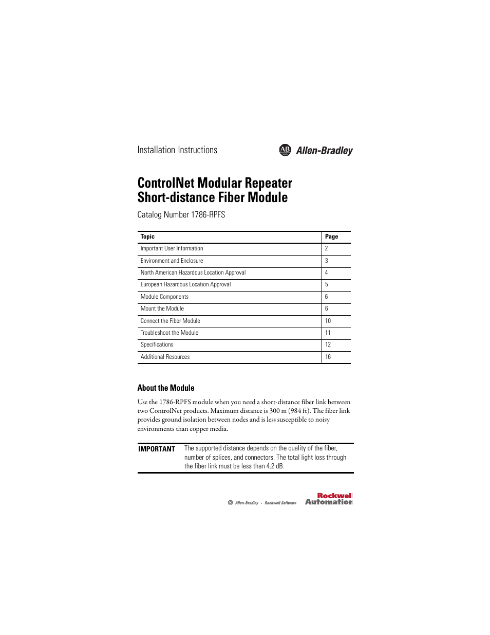 Rockwell Automation 1786-RPFS ControlNet Modular Repeater Short-distance Fiber Module Installation Instruction User Manual | 16 pages