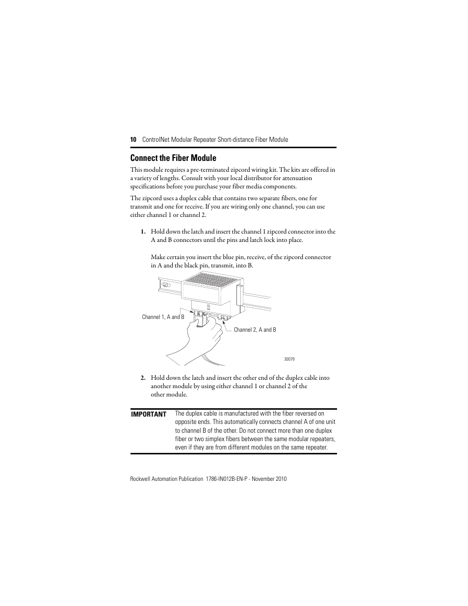 Connect the fiber module | Rockwell Automation 1786-RPFS ControlNet Modular Repeater Short-distance Fiber Module Installation Instruction User Manual | Page 10 / 16