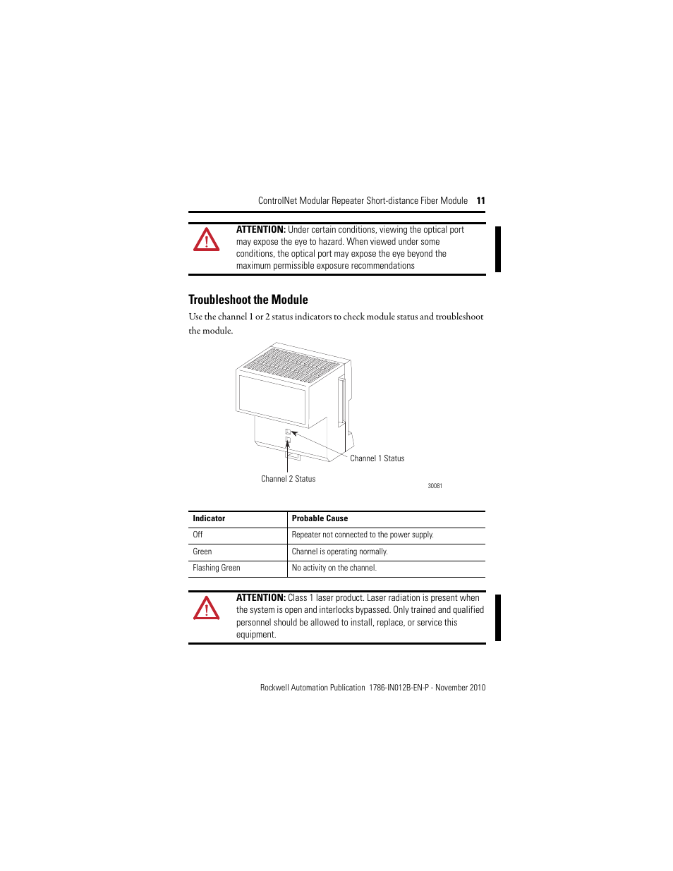 Troubleshoot the module | Rockwell Automation 1786-RPFS ControlNet Modular Repeater Short-distance Fiber Module Installation Instruction User Manual | Page 11 / 16