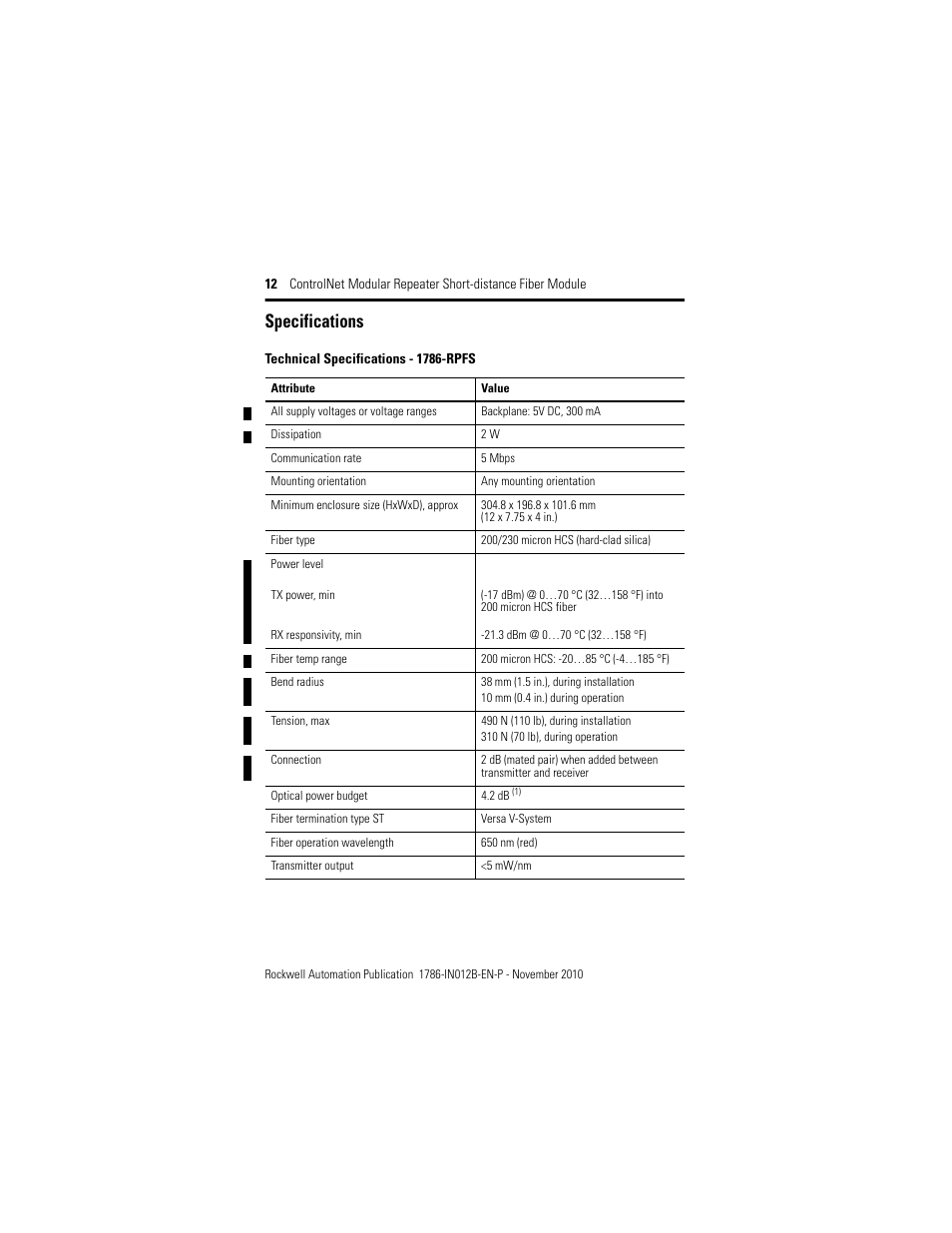 Specifications | Rockwell Automation 1786-RPFS ControlNet Modular Repeater Short-distance Fiber Module Installation Instruction User Manual | Page 12 / 16