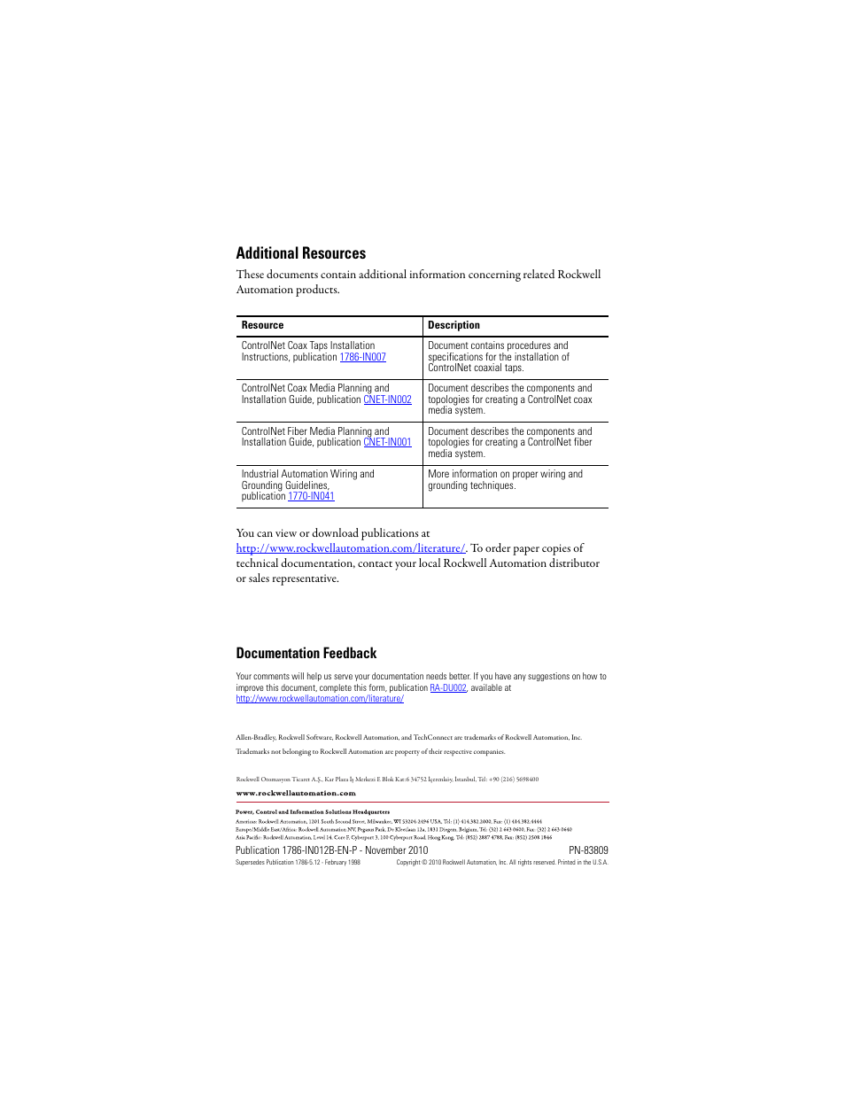 Additional resources, Documentation feedback, Back cover | Rockwell Automation 1786-RPFS ControlNet Modular Repeater Short-distance Fiber Module Installation Instruction User Manual | Page 16 / 16