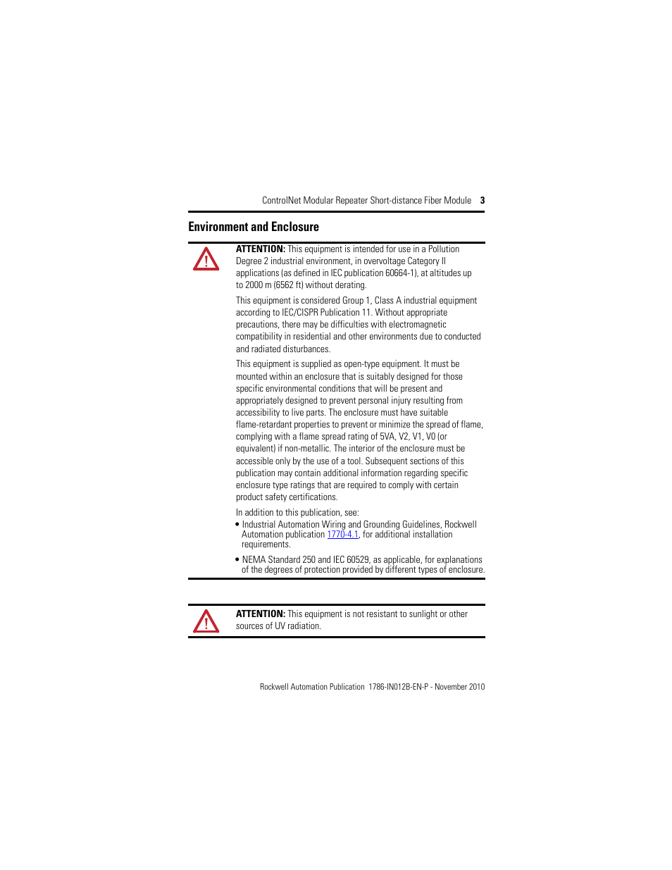 Environment and enclosure | Rockwell Automation 1786-RPFS ControlNet Modular Repeater Short-distance Fiber Module Installation Instruction User Manual | Page 3 / 16