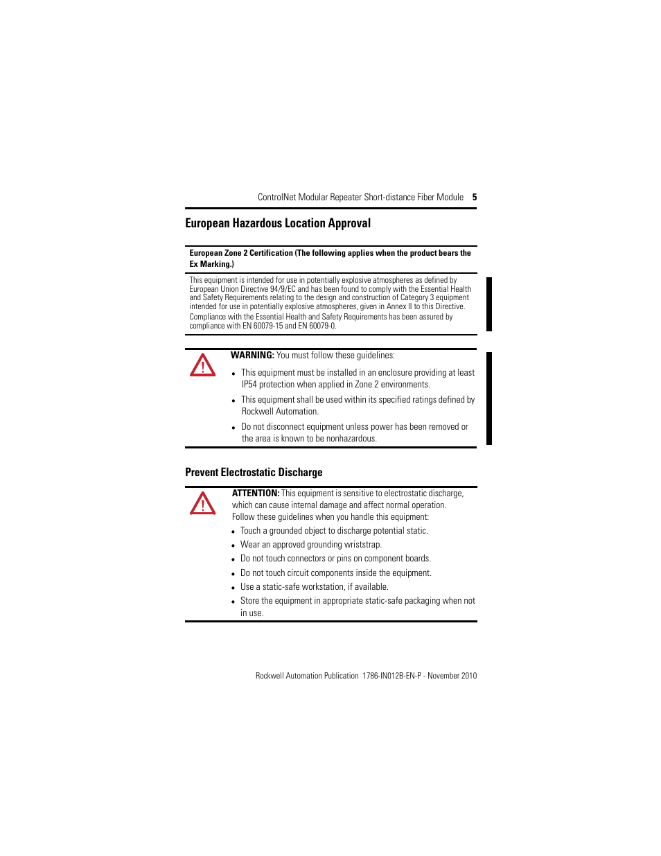 European hazardous location approval, Prevent electrostatic discharge | Rockwell Automation 1786-RPFS ControlNet Modular Repeater Short-distance Fiber Module Installation Instruction User Manual | Page 5 / 16