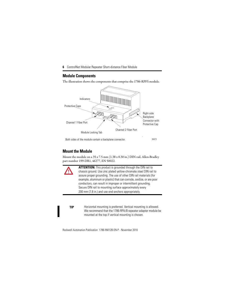 Module components, Mount the module | Rockwell Automation 1786-RPFS ControlNet Modular Repeater Short-distance Fiber Module Installation Instruction User Manual | Page 6 / 16