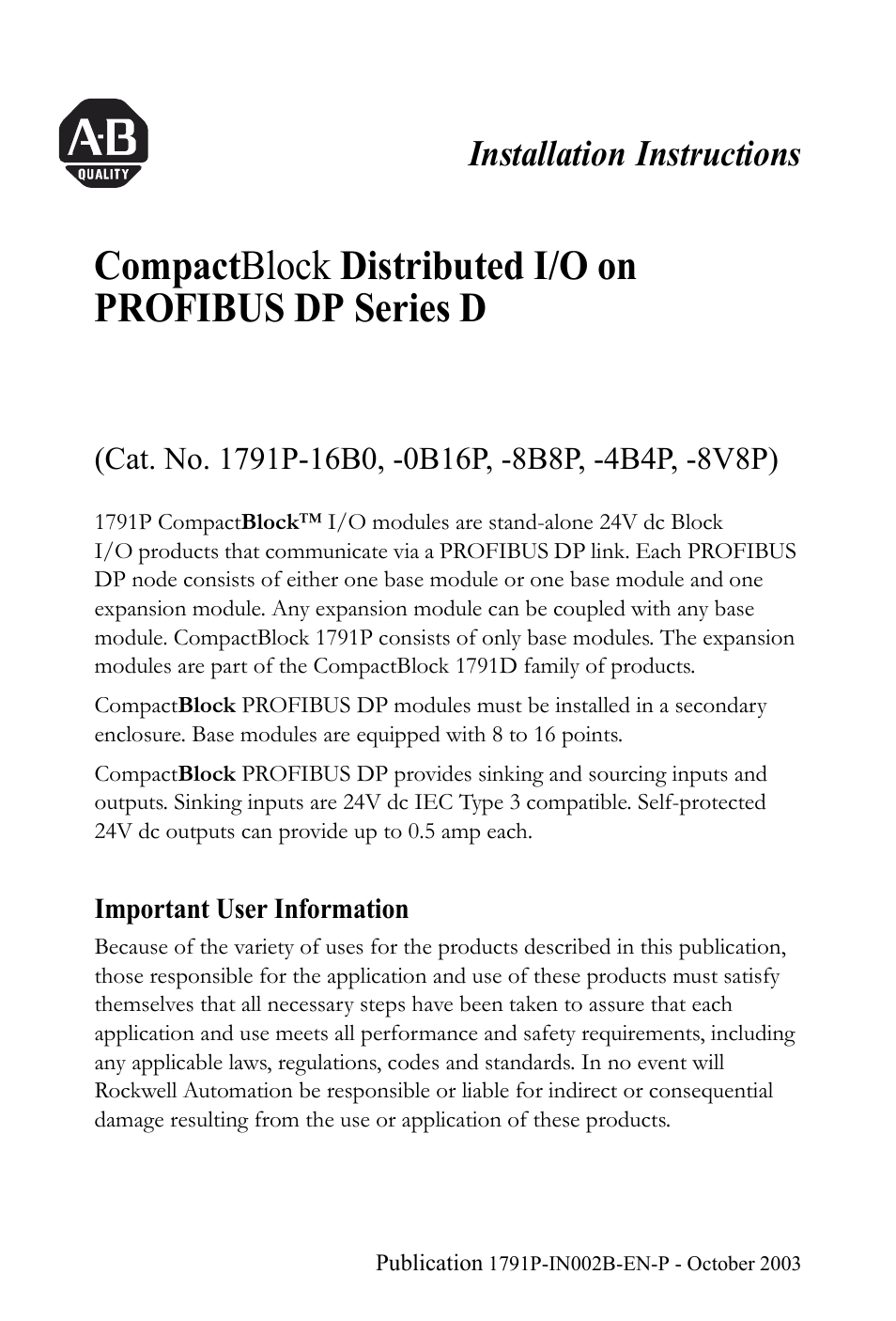 Rockwell Automation 1791P-XXXX CompactBlock Distributed I/O on PROFIBUS DP Series D I.I. User Manual | 32 pages