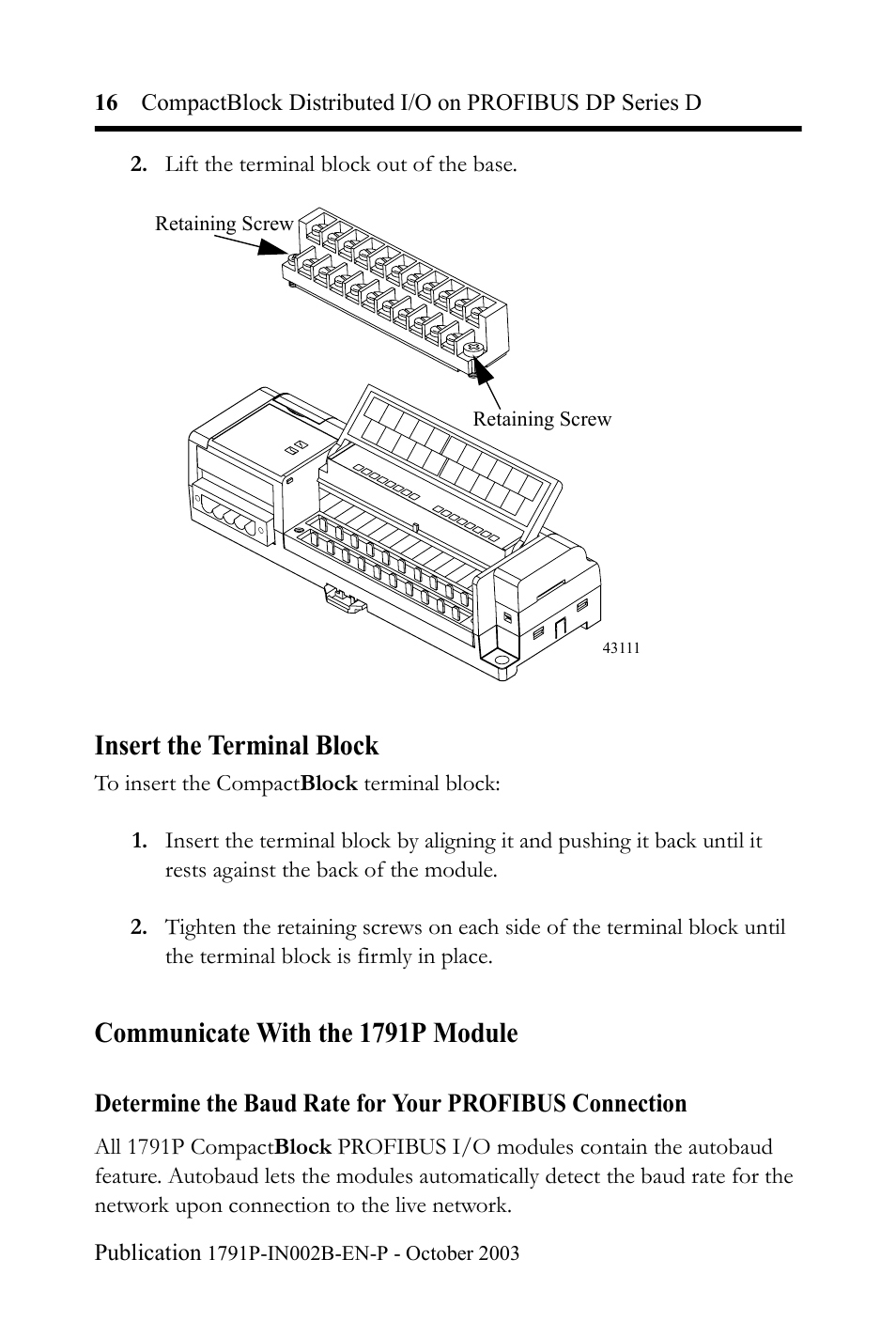 Insert the terminal block, Communicate with the 1791p module, Lift the terminal block out of the base | Retaining screw | Rockwell Automation 1791P-XXXX CompactBlock Distributed I/O on PROFIBUS DP Series D I.I. User Manual | Page 16 / 32