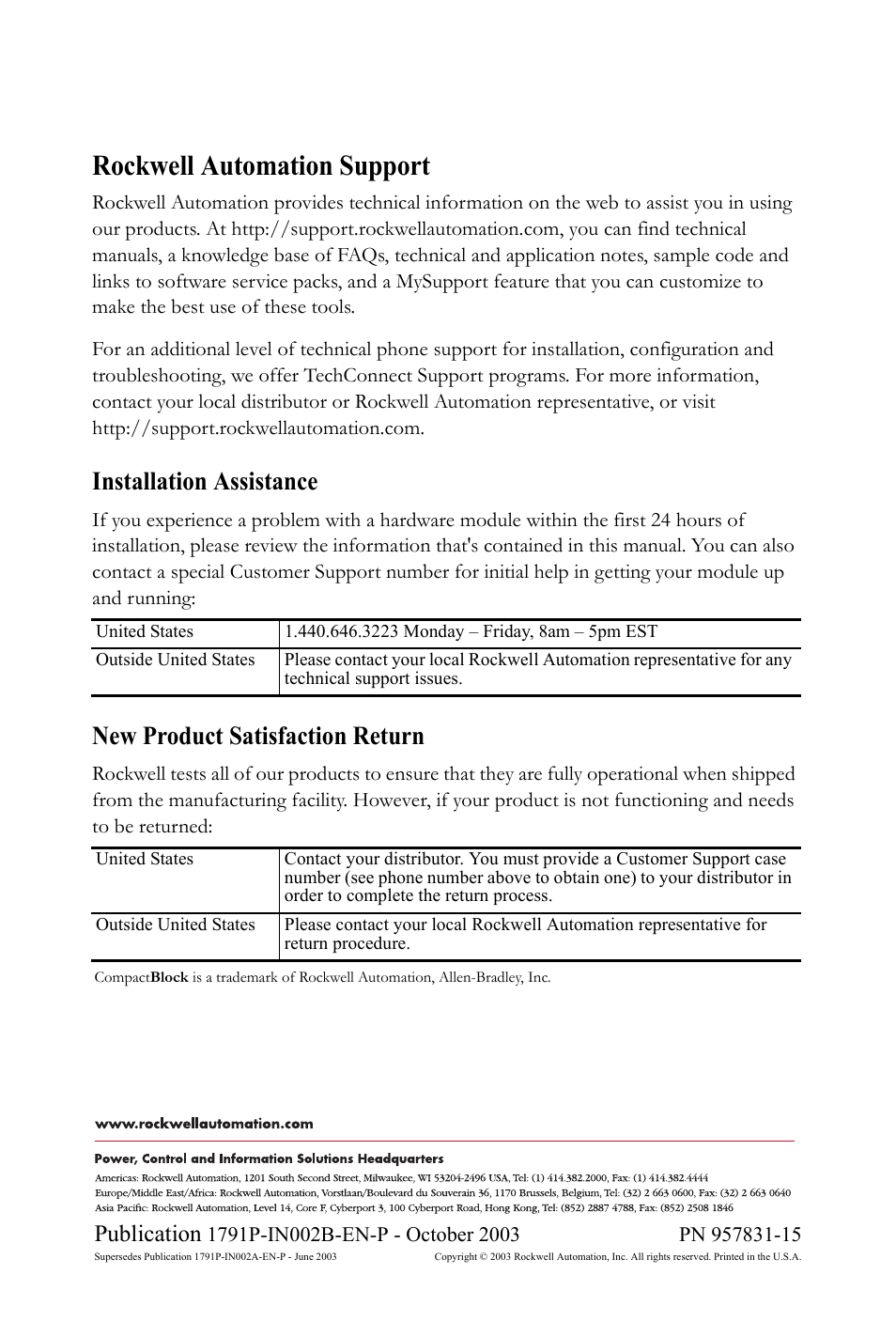 Back cover, Rockwell automation support, Installation assistance | New product satisfaction return, Publication | Rockwell Automation 1791P-XXXX CompactBlock Distributed I/O on PROFIBUS DP Series D I.I. User Manual | Page 32 / 32