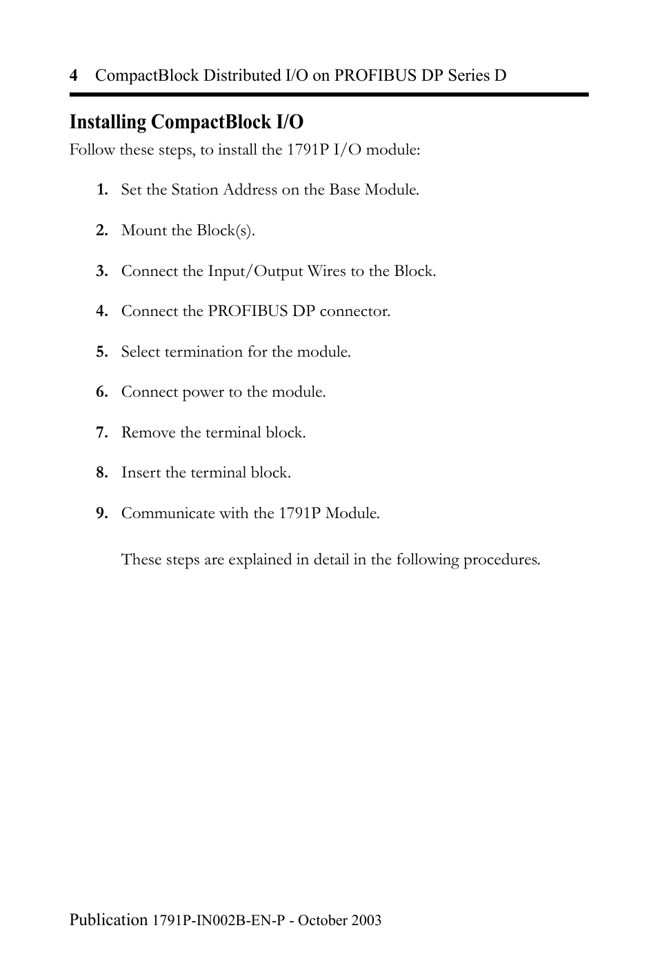 Installing compactblock i/o | Rockwell Automation 1791P-XXXX CompactBlock Distributed I/O on PROFIBUS DP Series D I.I. User Manual | Page 4 / 32