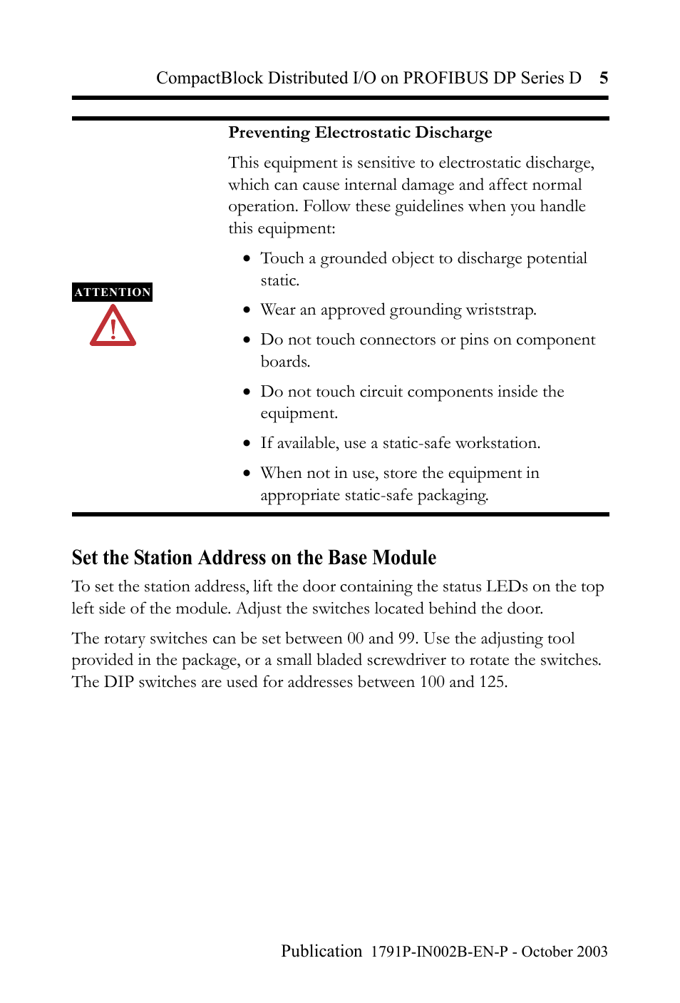 Set the station address on the base module | Rockwell Automation 1791P-XXXX CompactBlock Distributed I/O on PROFIBUS DP Series D I.I. User Manual | Page 5 / 32