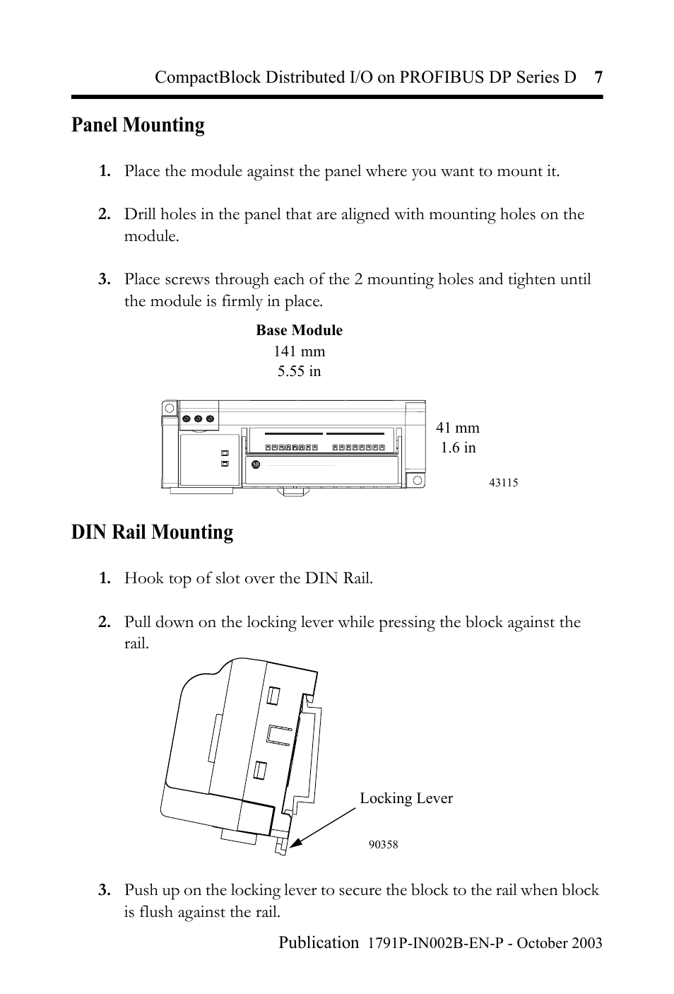 Panel mounting, Din rail mounting | Rockwell Automation 1791P-XXXX CompactBlock Distributed I/O on PROFIBUS DP Series D I.I. User Manual | Page 7 / 32