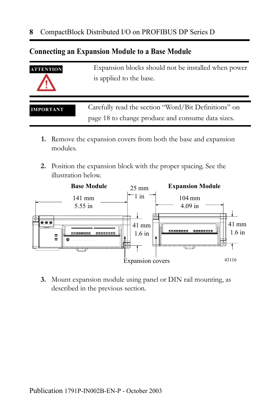 Connecting an expansion module to a base module | Rockwell Automation 1791P-XXXX CompactBlock Distributed I/O on PROFIBUS DP Series D I.I. User Manual | Page 8 / 32