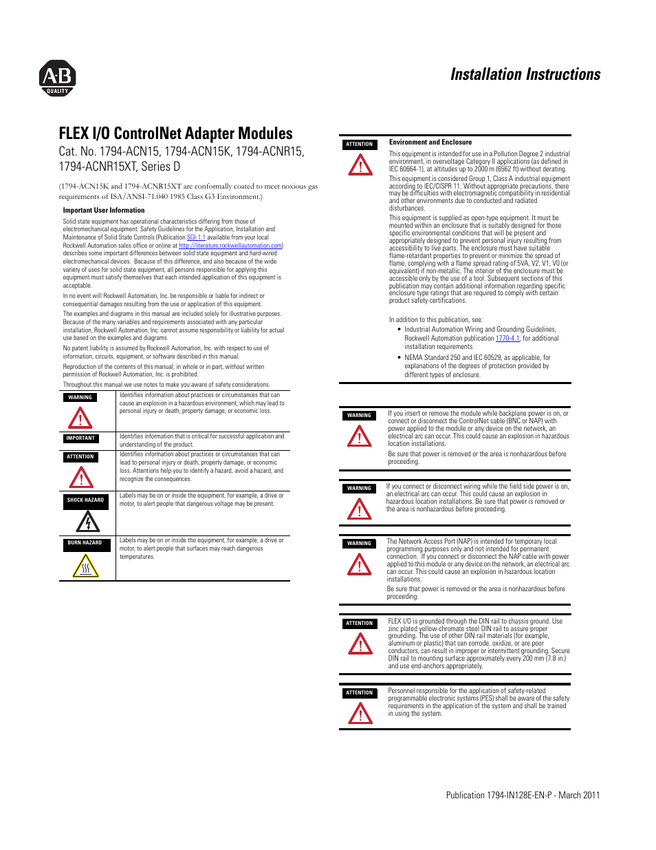 Rockwell Automation 1794-ACN15_ACN15K_ACNR15_ACNR15XT, Series D FLEX I/O ControlNet Adapter Modules User Manual | 6 pages