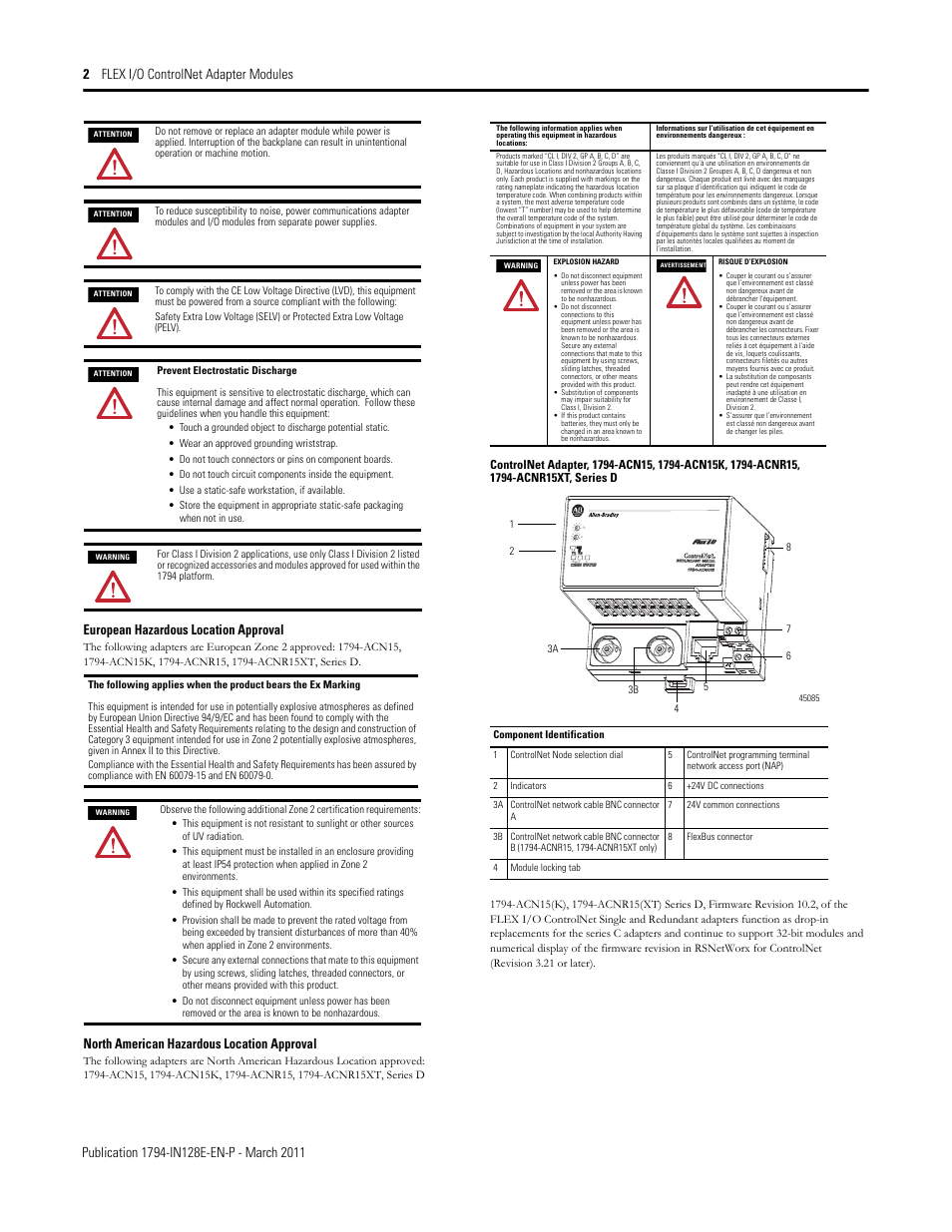 European hazardous location approval, North american hazardous location approval | Rockwell Automation 1794-ACN15_ACN15K_ACNR15_ACNR15XT, Series D FLEX I/O ControlNet Adapter Modules User Manual | Page 2 / 6