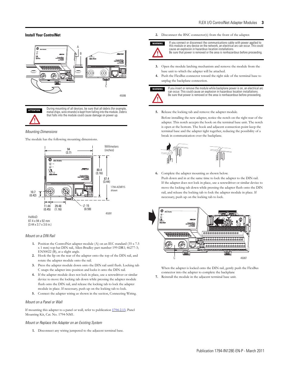 Install your controlnet, Mounting dimensions, Mount on a din rail | Mount on a panel or wall, Mount or replace the adapter on an existing system | Rockwell Automation 1794-ACN15_ACN15K_ACNR15_ACNR15XT, Series D FLEX I/O ControlNet Adapter Modules User Manual | Page 3 / 6