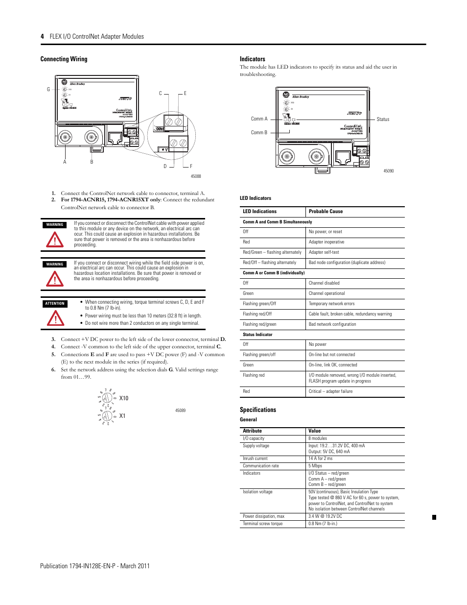 Connecting wiring, Indicators, Specifications | X10 x1 | Rockwell Automation 1794-ACN15_ACN15K_ACNR15_ACNR15XT, Series D FLEX I/O ControlNet Adapter Modules User Manual | Page 4 / 6